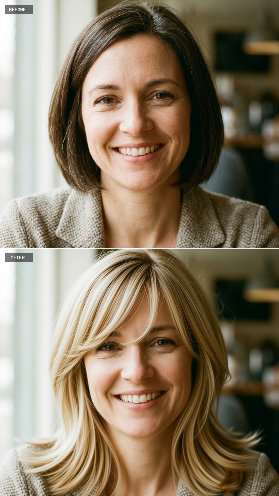 Brunette Bob Out, Blonde Layers In — Her Face Reads a Full Decade Younger