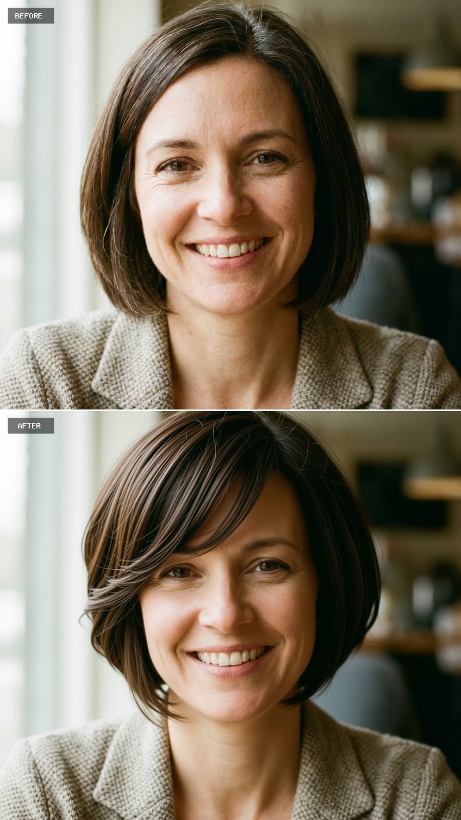 Swept Bangs and a Tighter Bob Took a Decade Off Without Touching the Color