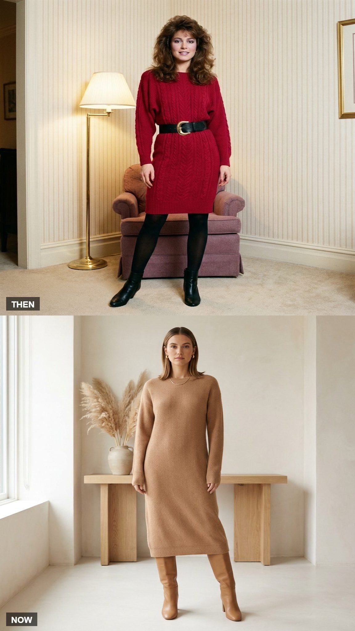 The Sweater Dress Was Belted, Body-Conscious, and Worn With Tights and Booties