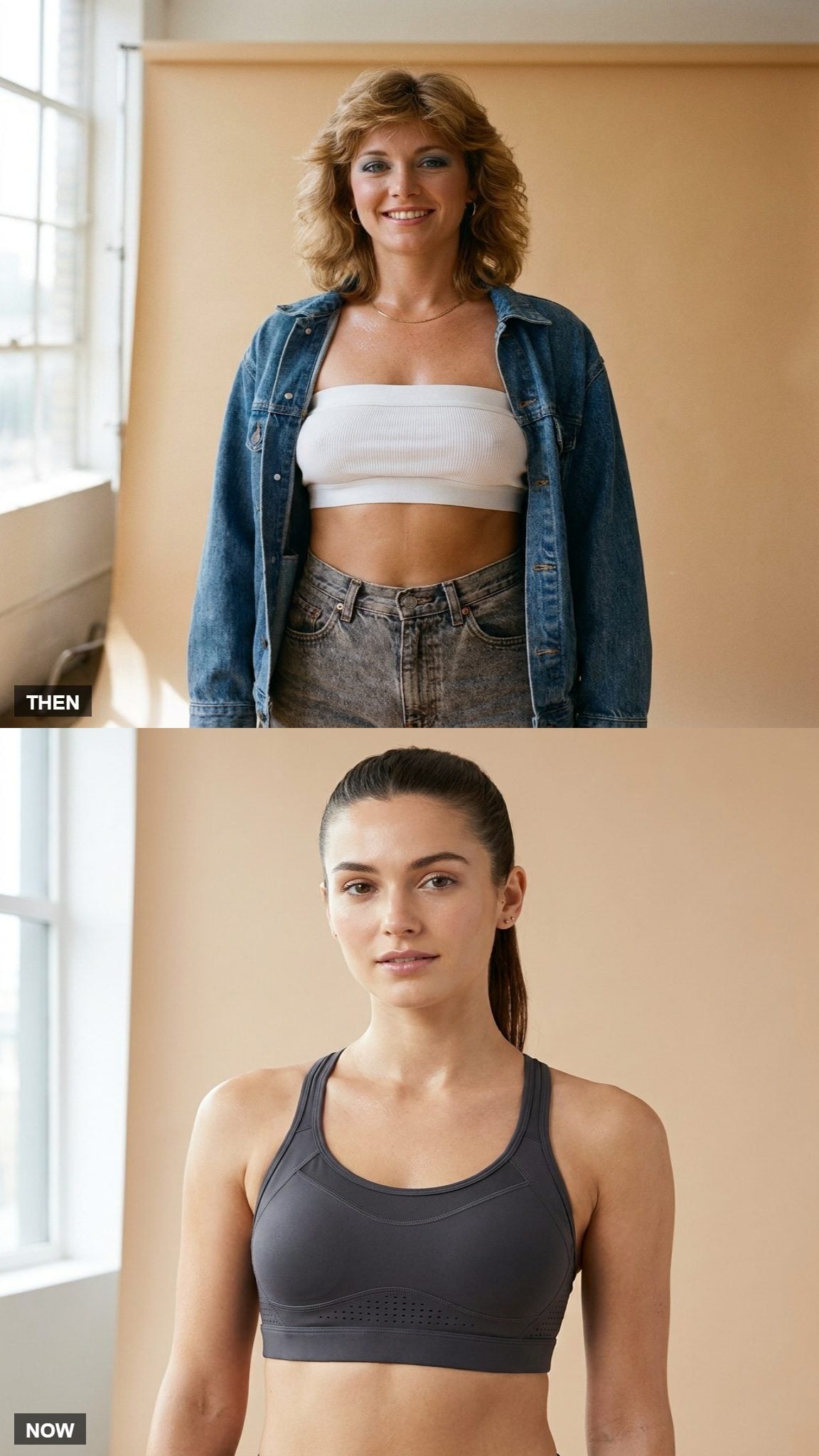 Early sports bra compared with a modern supportive sports bra