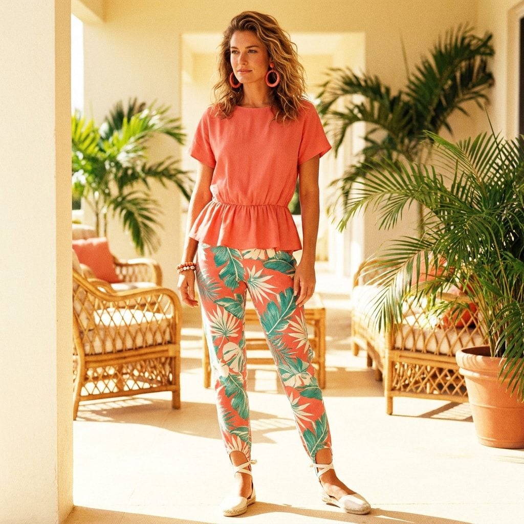 Tropical-print stirrup pants with a solid coral peplum top