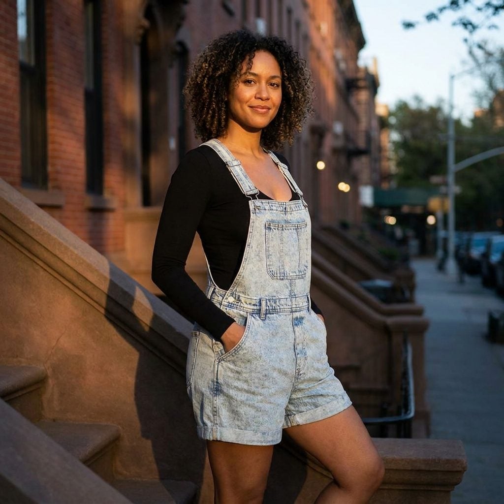 Acid-Wash Shortalls Over a Black Bodysuit