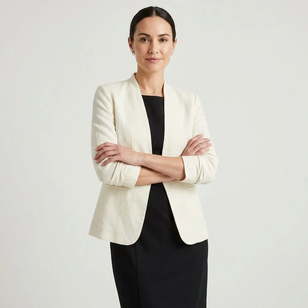 Cream collarless linen blazer layered over a black dress