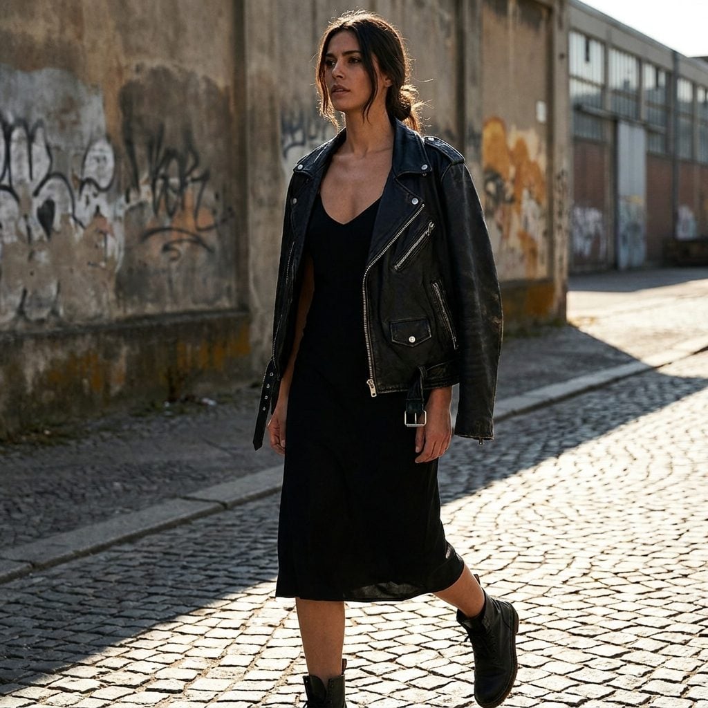 Add a Leather Moto Jacket and Suddenly the Dress Belongs to a Different Woman