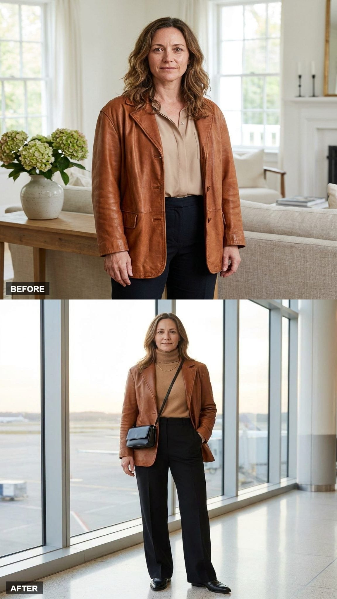 Camel Cashmere With Wide Black Trousers