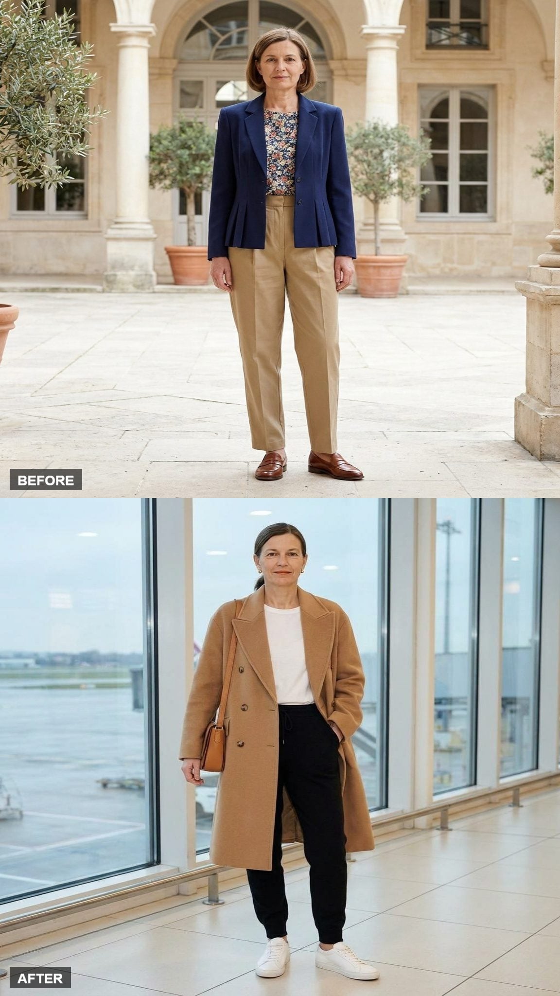 The Airport Uniform Upgrade in a Camel Wool Coat, Black Cashmere Joggers, White Tee, and White Sneakers