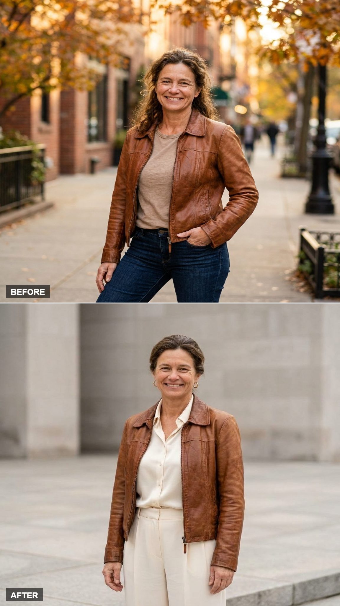 All-Cream Silk Blouse and Wide-Leg Trousers, the Jacket as the Only Warm Contrast Note