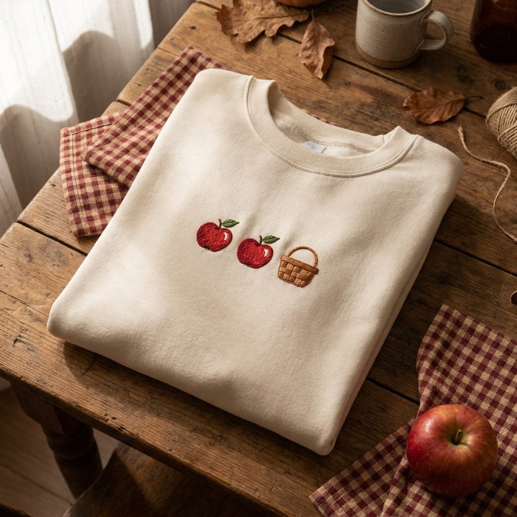 The Apple Orchard Sweatshirt With Three Embroidered Red Apples and a Little Wooden Basket