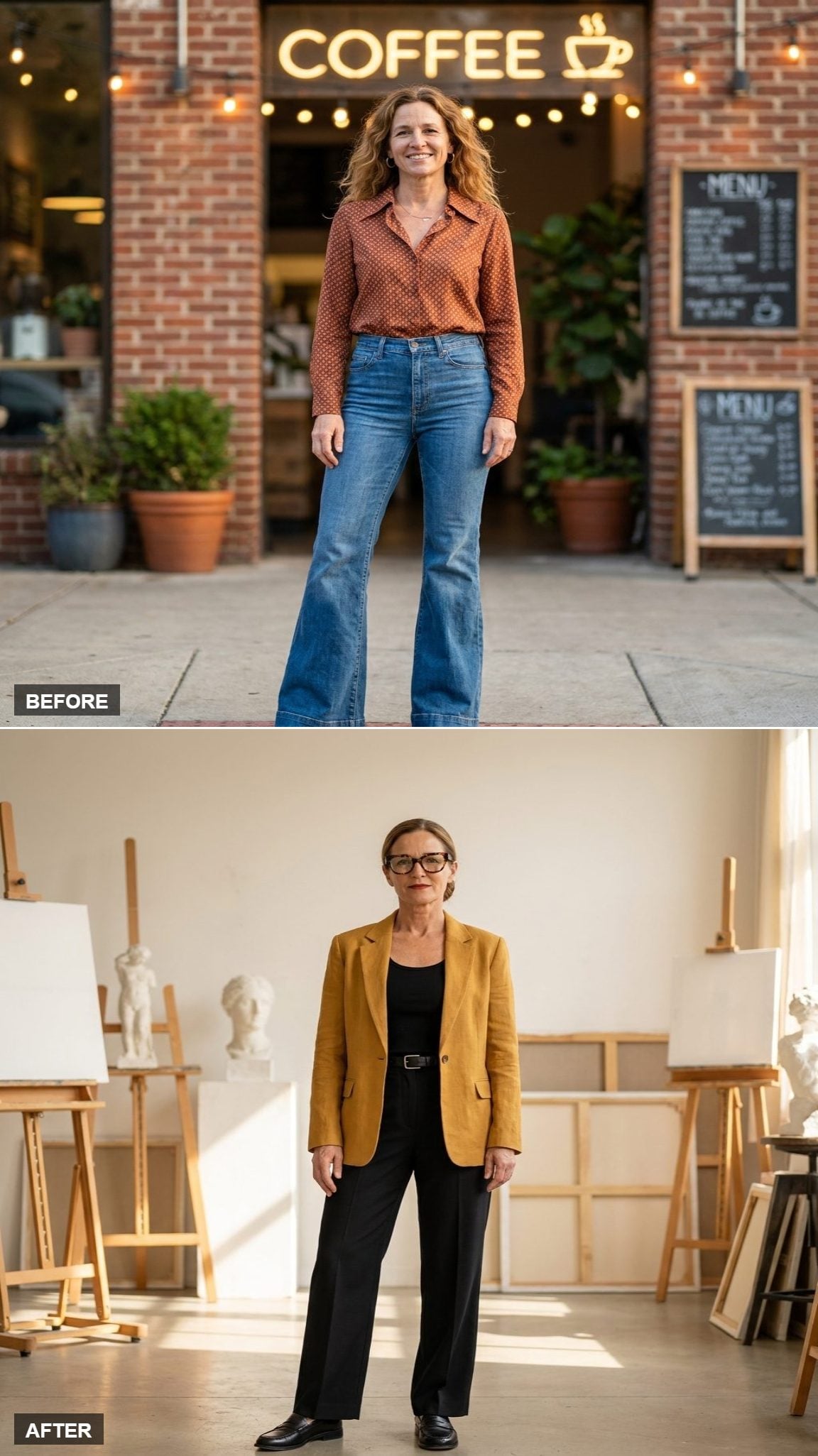 Art-Class Afternoon in a Mustard Linen Blazer, Wide-Leg Black Trousers, and Black Loafers