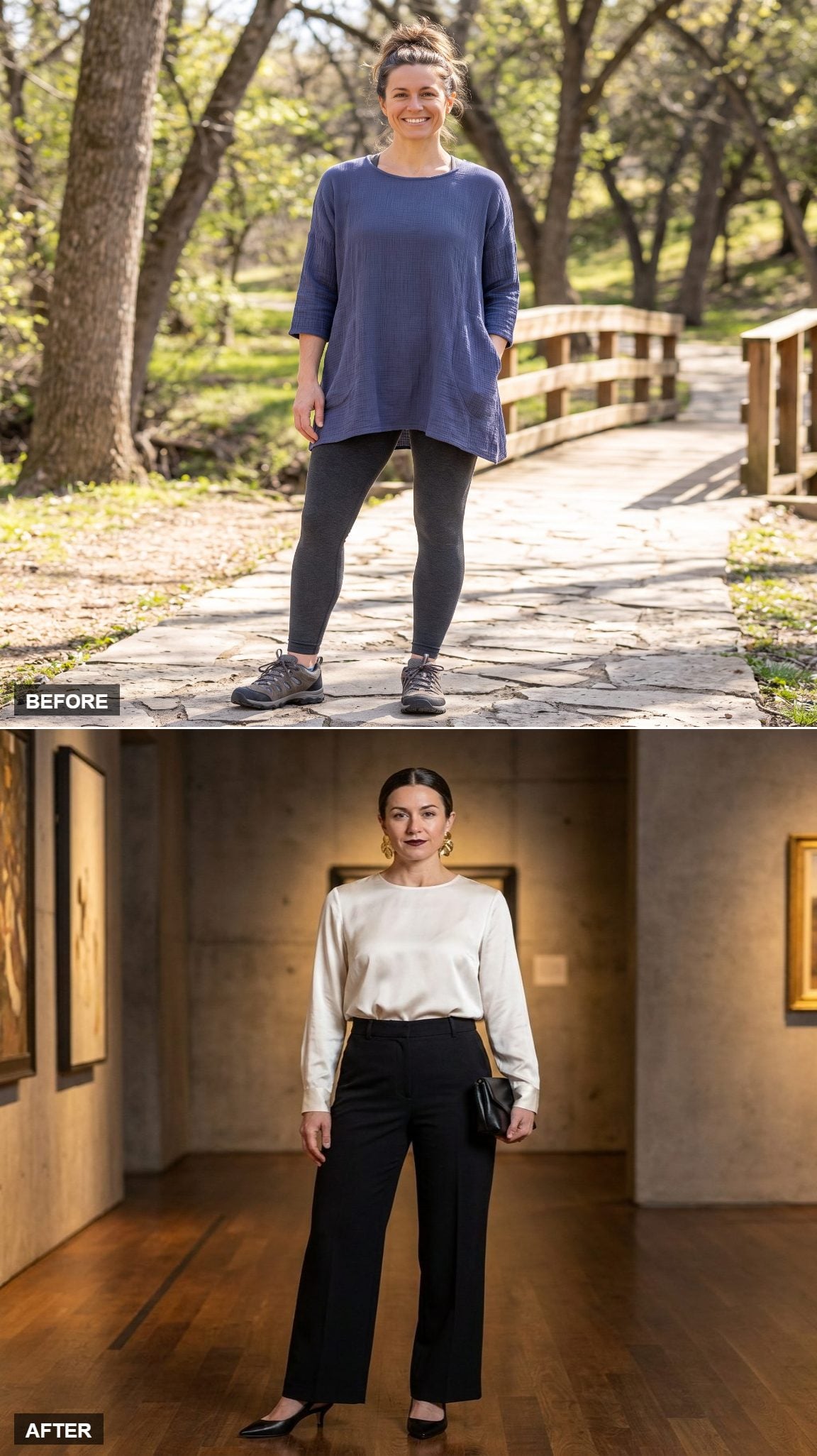 Creative Evening Event in Black Wide-Leg Trousers, Silk Blouse, and Statement Earrings