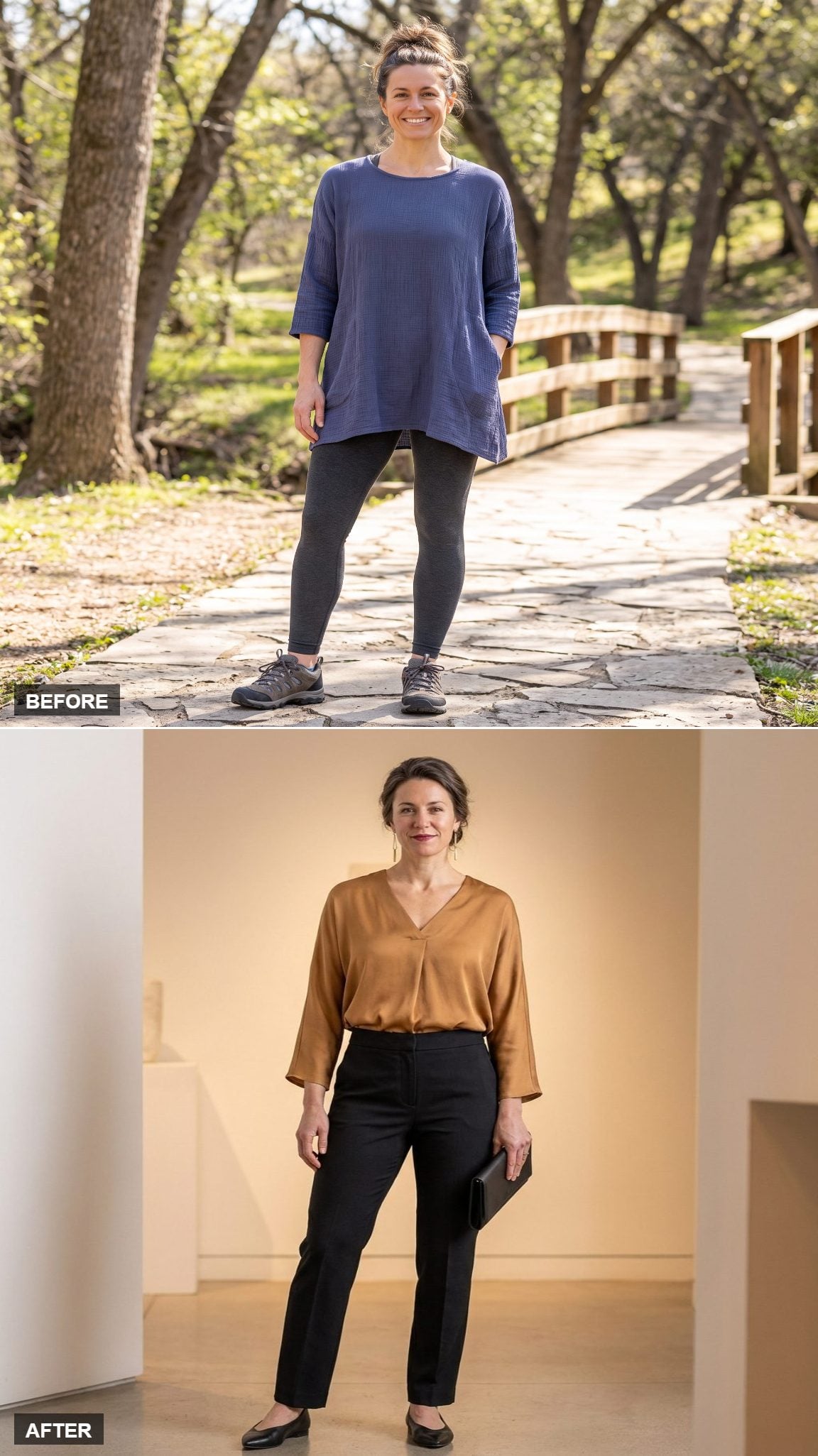 Art Gallery Opening in a Caramel Silk Blouse, Tailored Black Trousers, and Pointed-Toe Flats