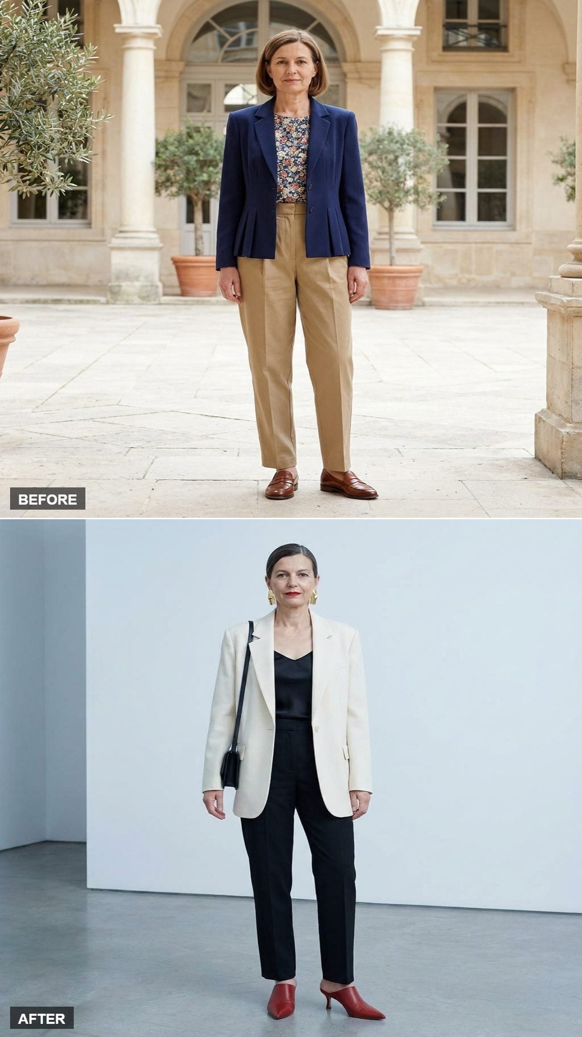 Art Gallery Opening in a Cream Oversized Blazer, Black Straight-Leg Trousers, a Black Cami, and Statement Red Mules