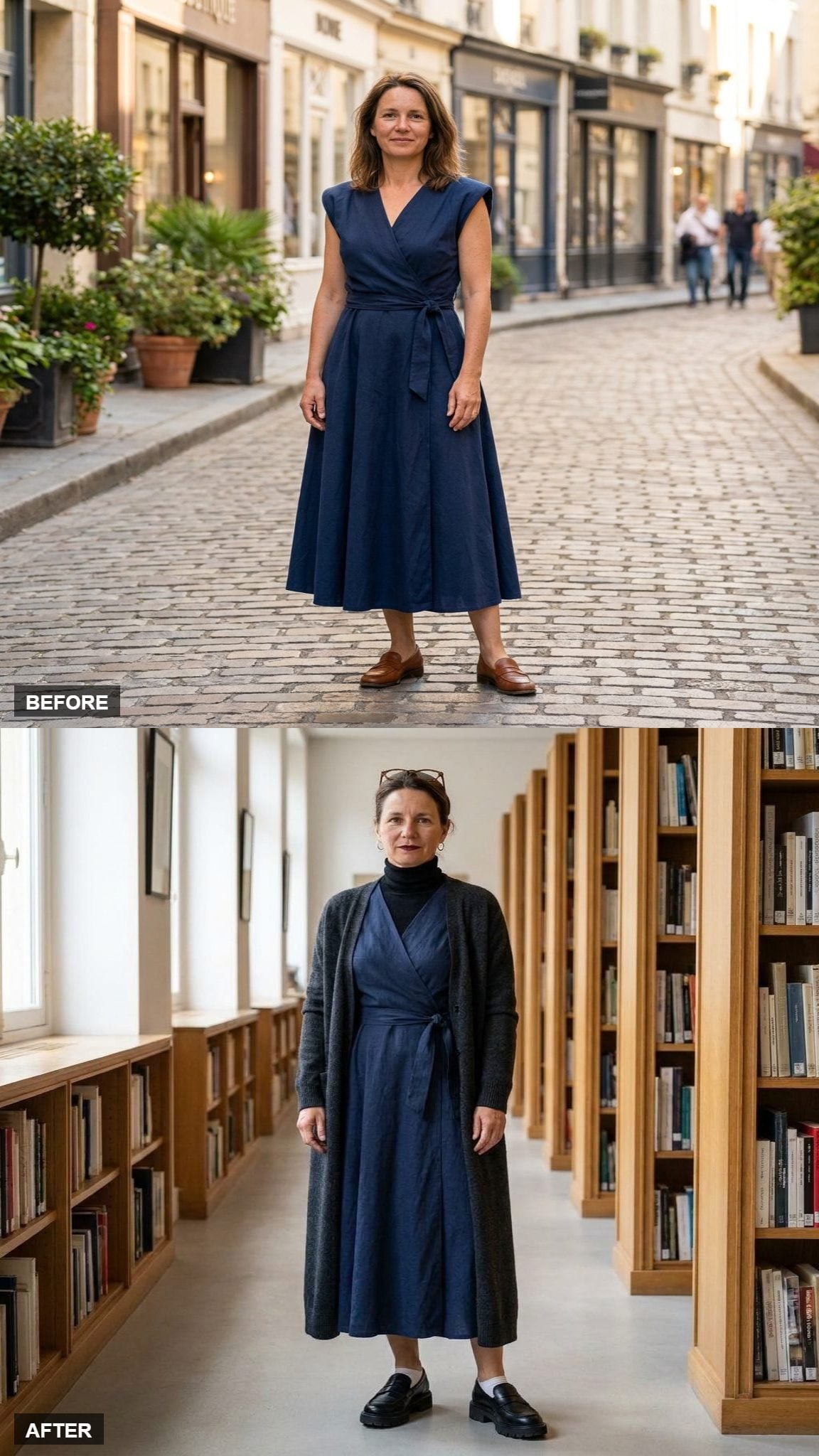 Art School Dean Energy With a Long Charcoal Cardigan, Black Turtleneck, and Chunky Loafers