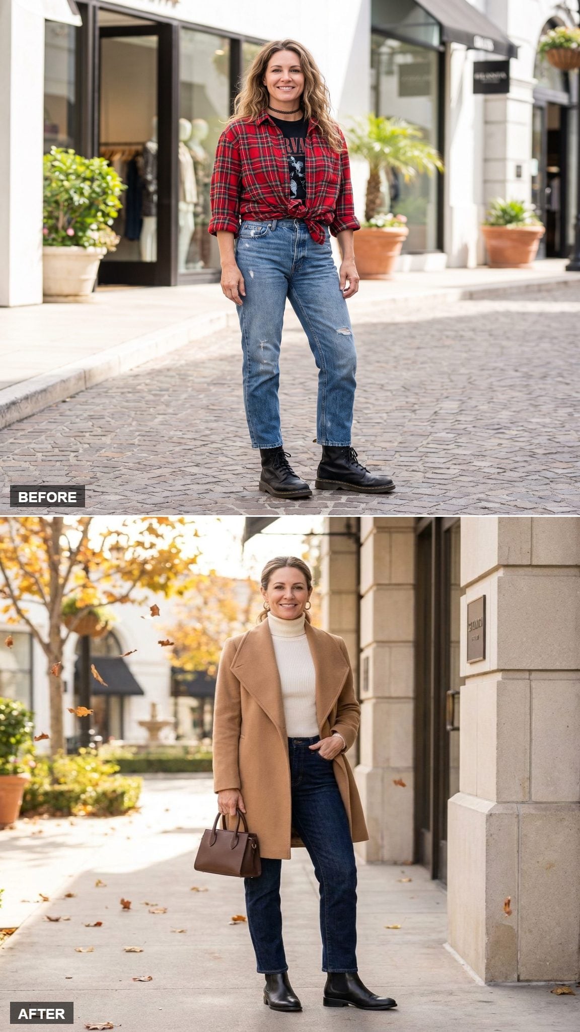 Camel wrap coat with ivory turtleneck, dark indigo straight jeans, and Chelsea boots