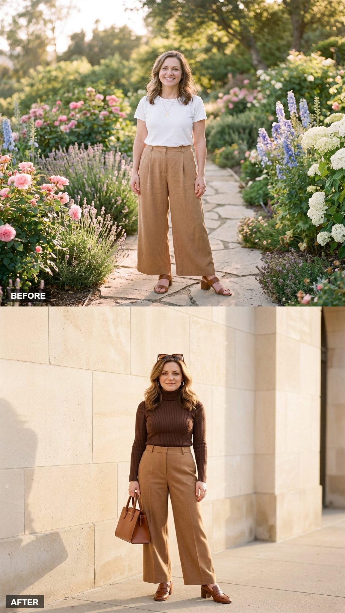Autumn Edit in a Chocolate Turtleneck, Tortoiseshell Sunglasses, and Brown Loafer Heels