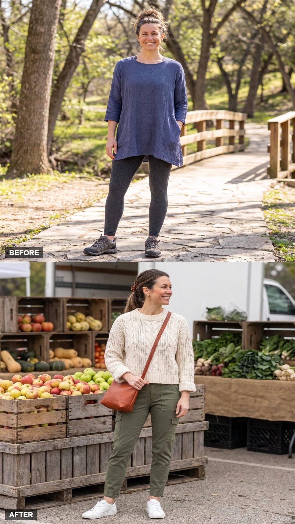 Autumn Farmer's Market in a Cream Cable Knit, Olive Cargo Pants, and White Sneakers