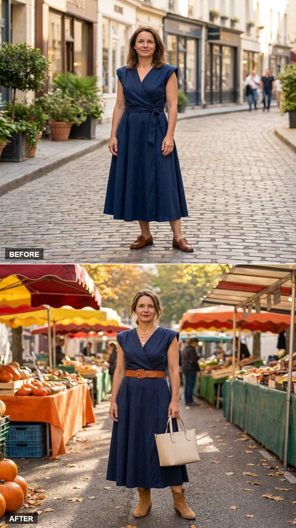 Autumn Market Morning in a Rust Wrap Dress, Cognac Belt, and Tan Ankle Boots