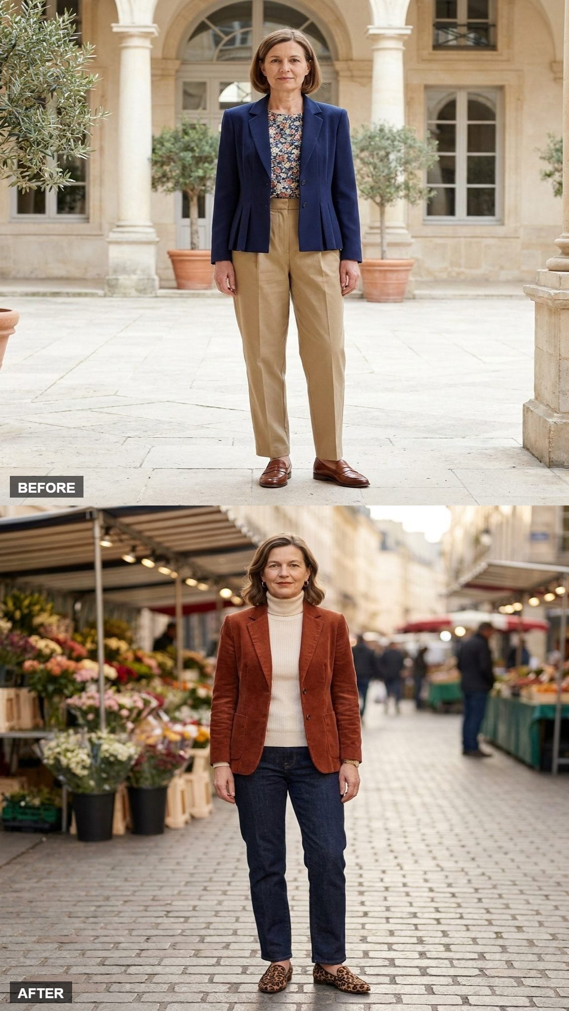 Autumn Market in a Rust Corduroy Blazer, Cream Turtleneck, Straight-Leg Dark Jeans, and Leopard Loafers