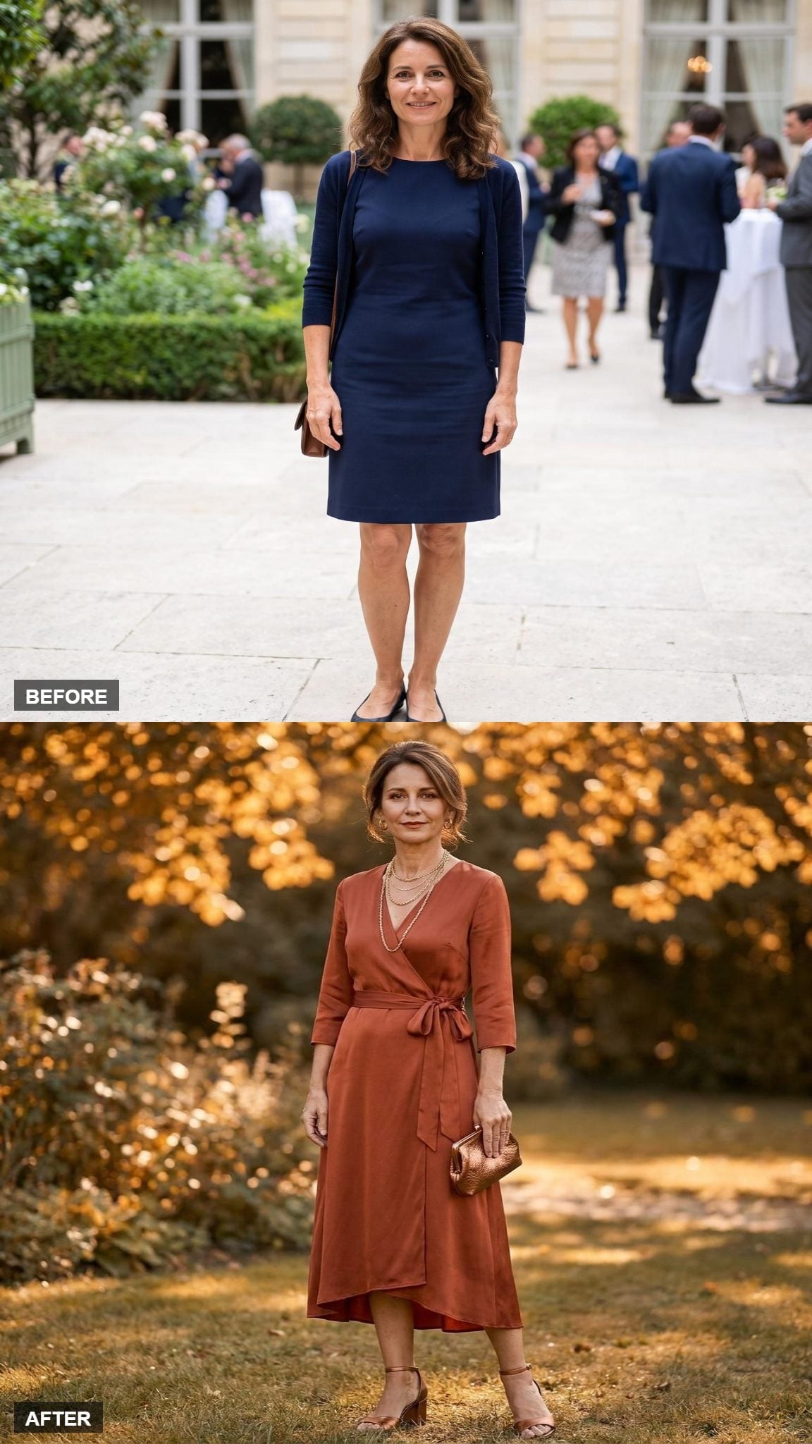 Autumn Wedding Guest in Burnt Sienna Silk and Bronze