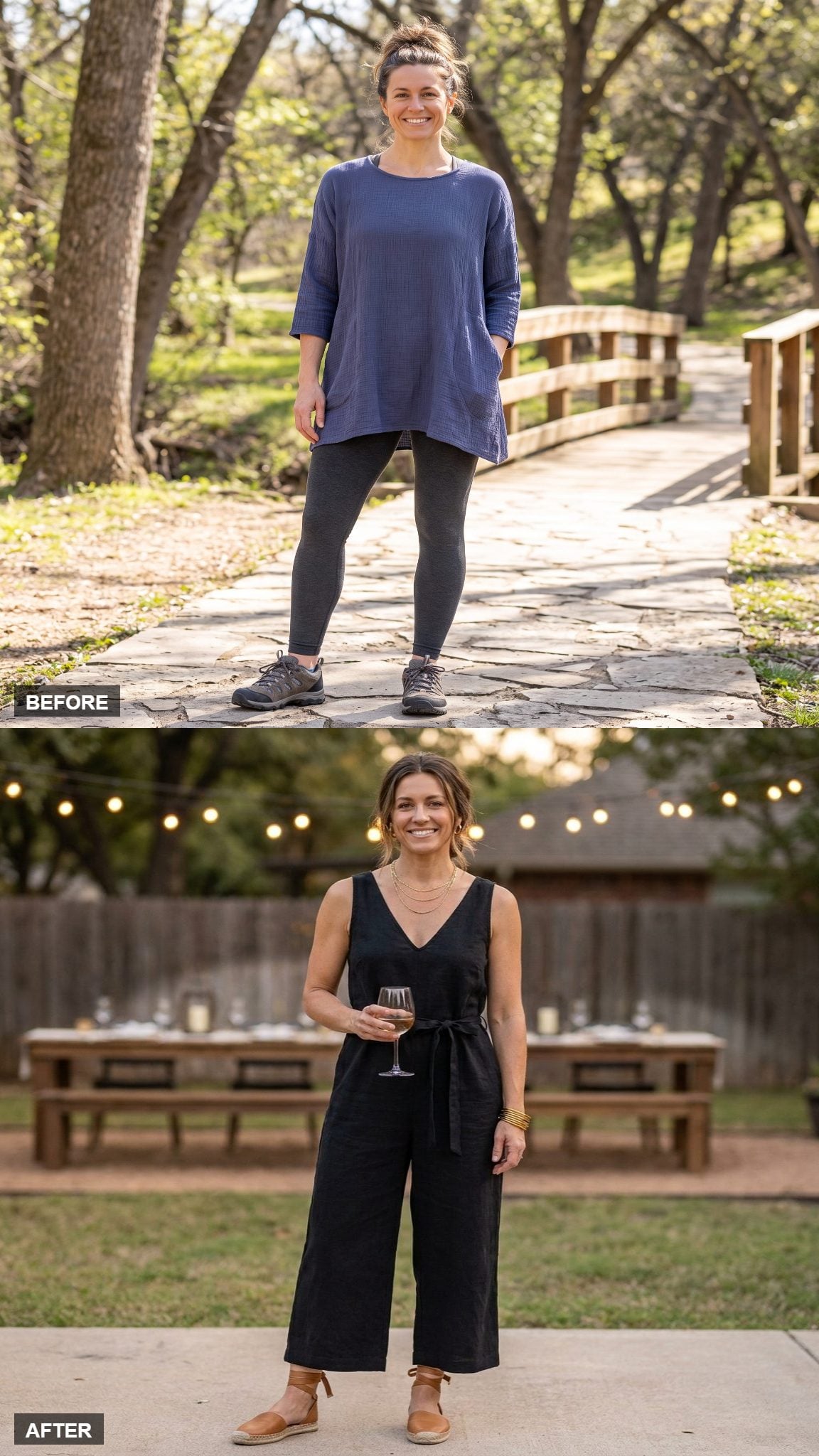 Backyard Dinner Party in a Black Jumpsuit, Layered Gold Necklaces, and Espadrilles