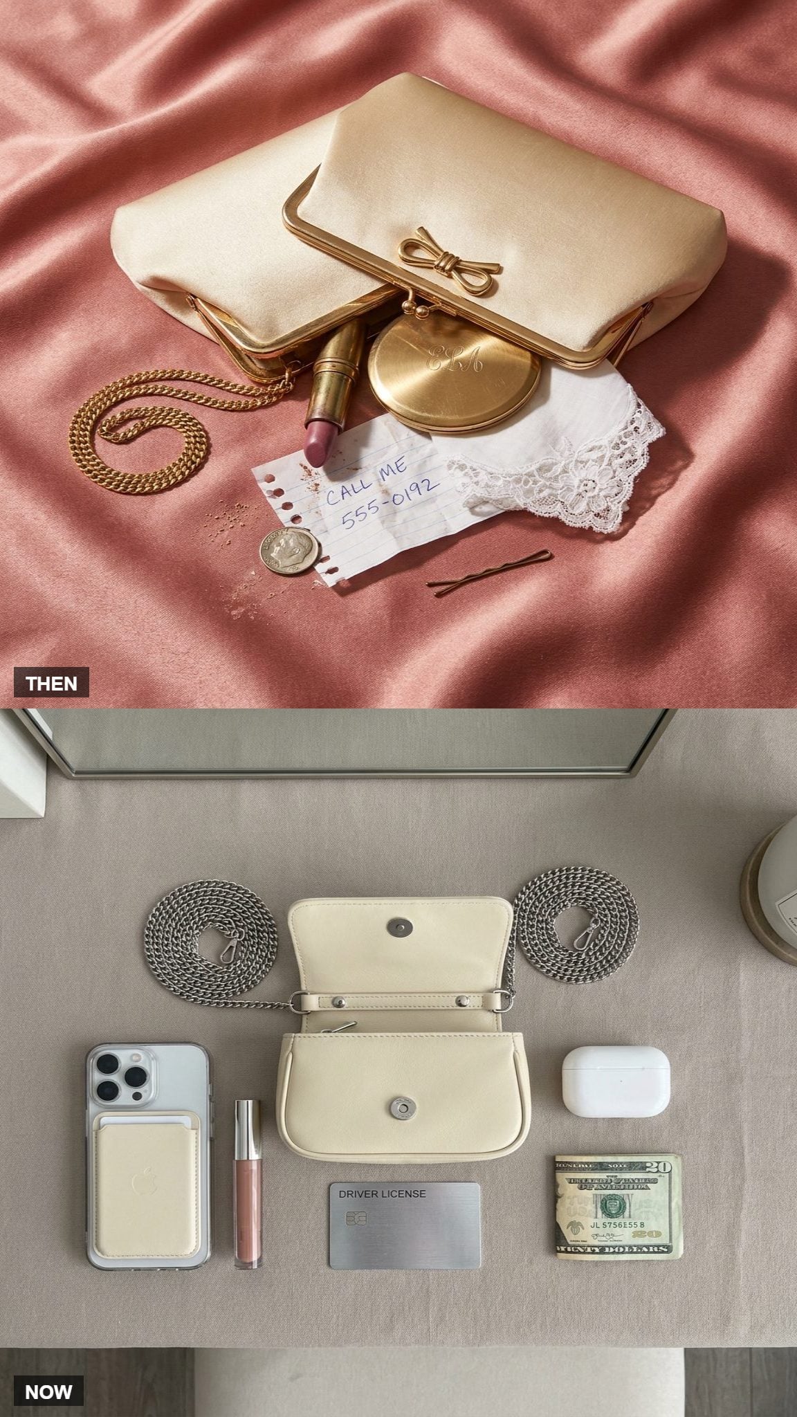 1980 satin evening clutch compared with a modern mini bag