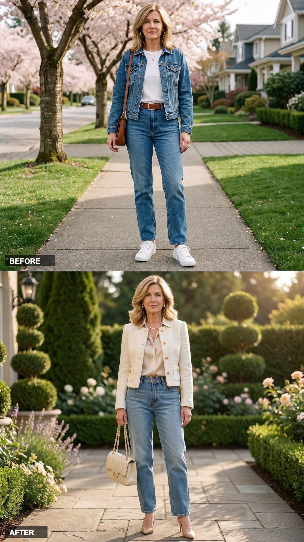 Barrel-Leg Light Wash Jeans, a Champagne Silk Blouse, and Pearl Jewelry That Rewrites the Denim Rulebook