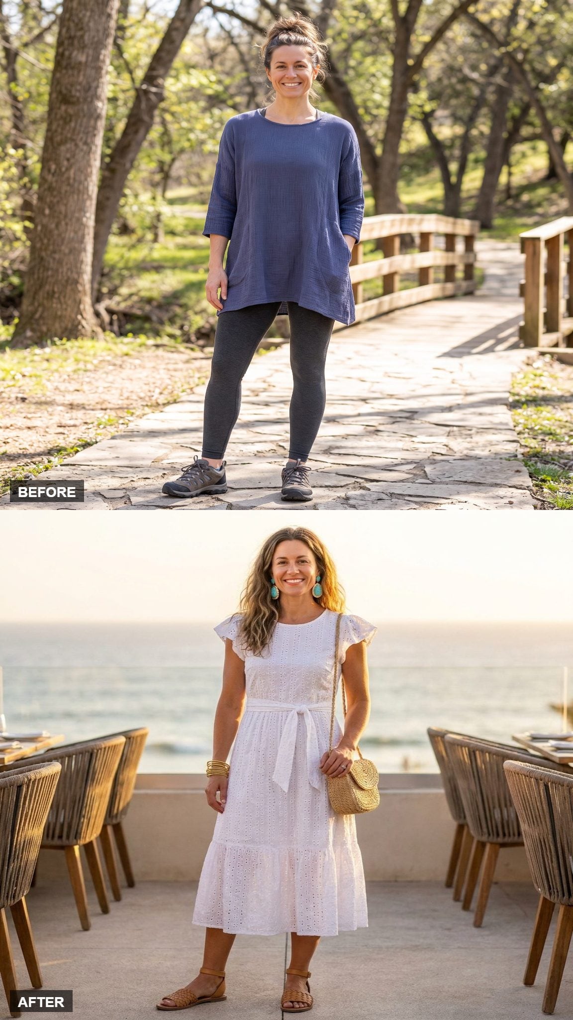 Beach Vacation Dinner in a White Eyelet Midi Dress, Turquoise Statement Earrings, and Woven Flats