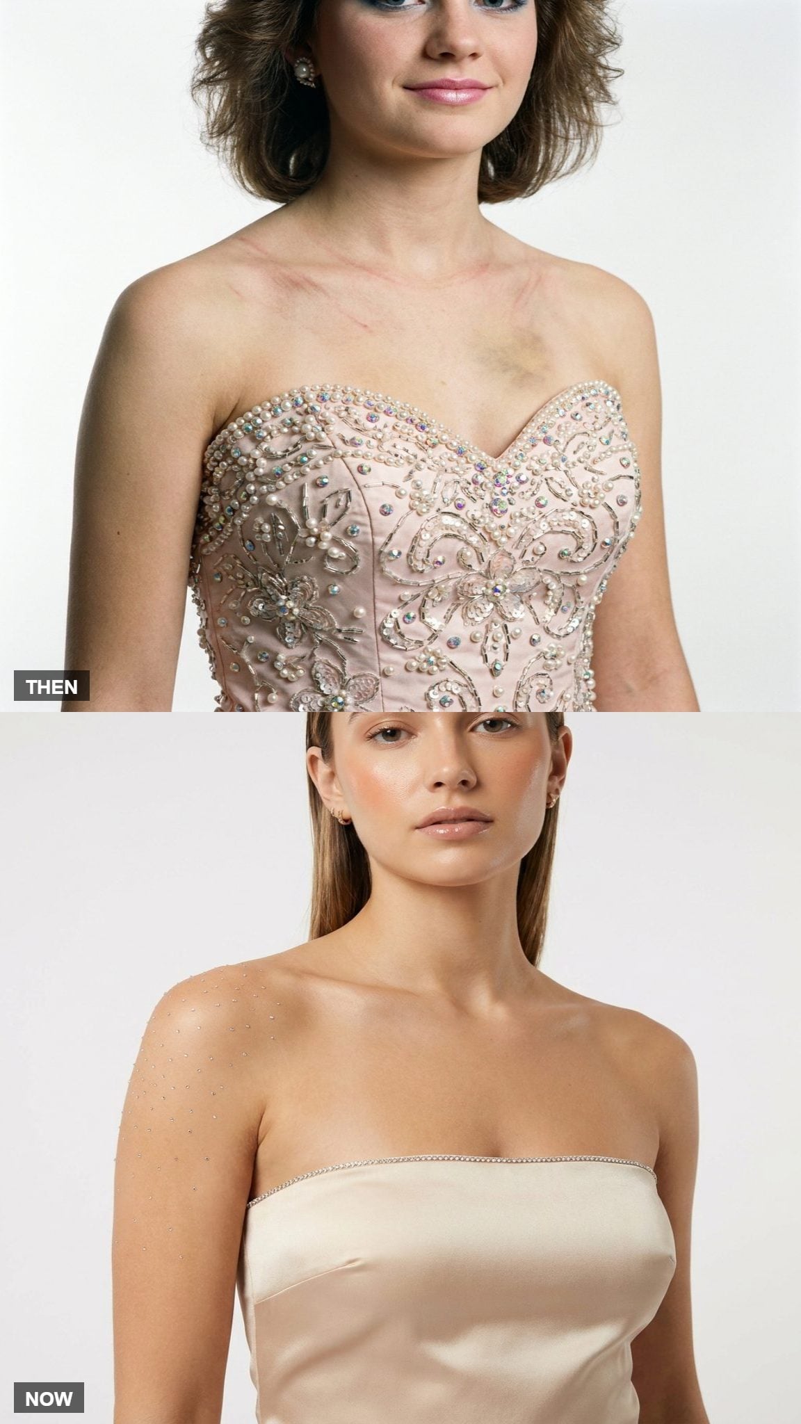 Heavily beaded 1980 prom bodice compared with restrained modern beading