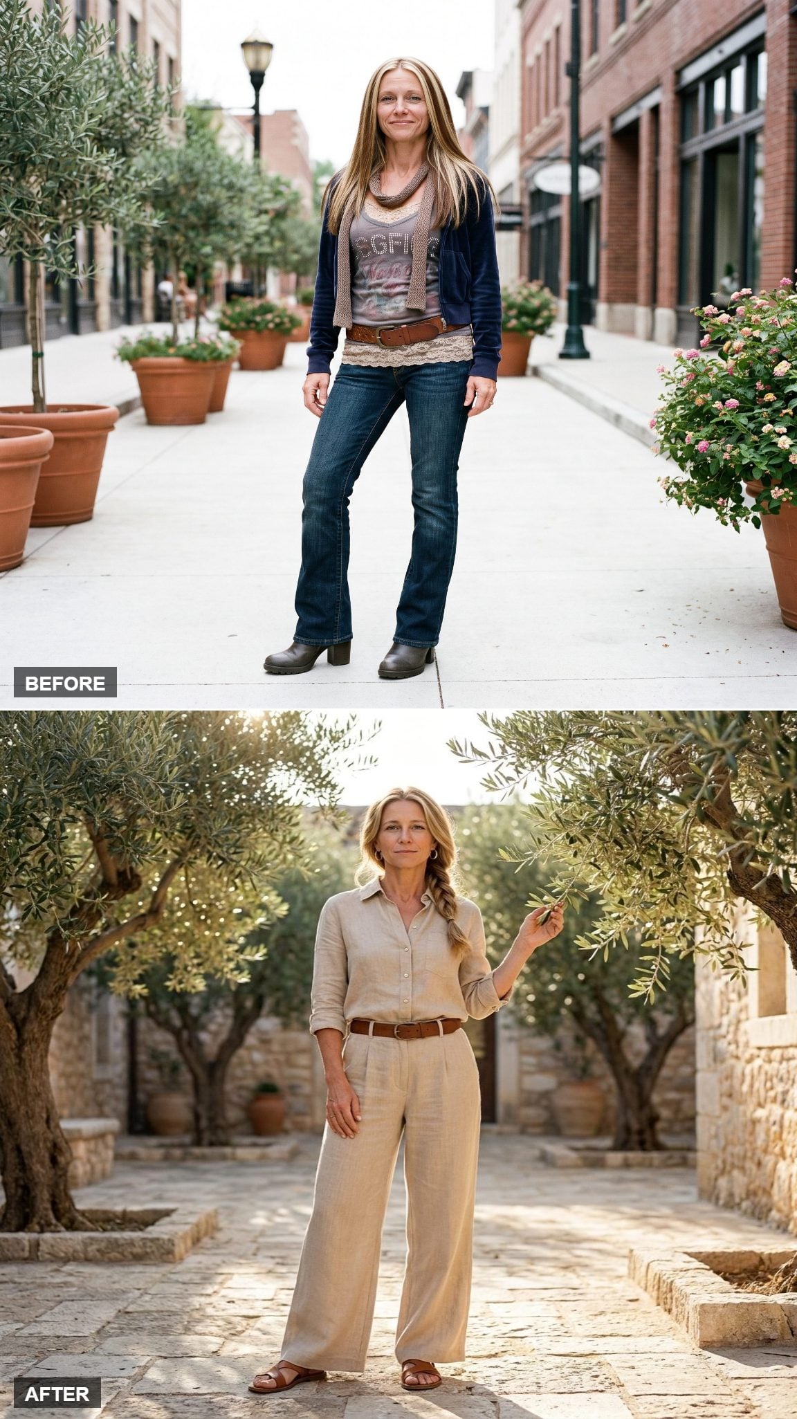 Beige Linen Shirt Tucked Into Flowing Trousers with Leather Sandals in a Sunlit Mediterranean Courtyard