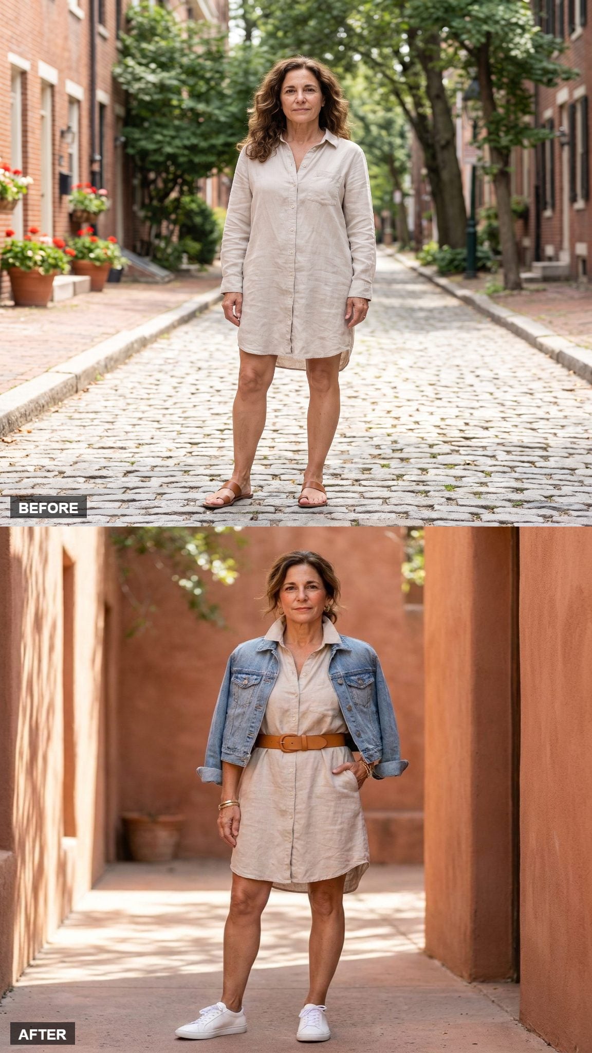 Belted Column with a Cropped Denim Jacket and White Sneakers