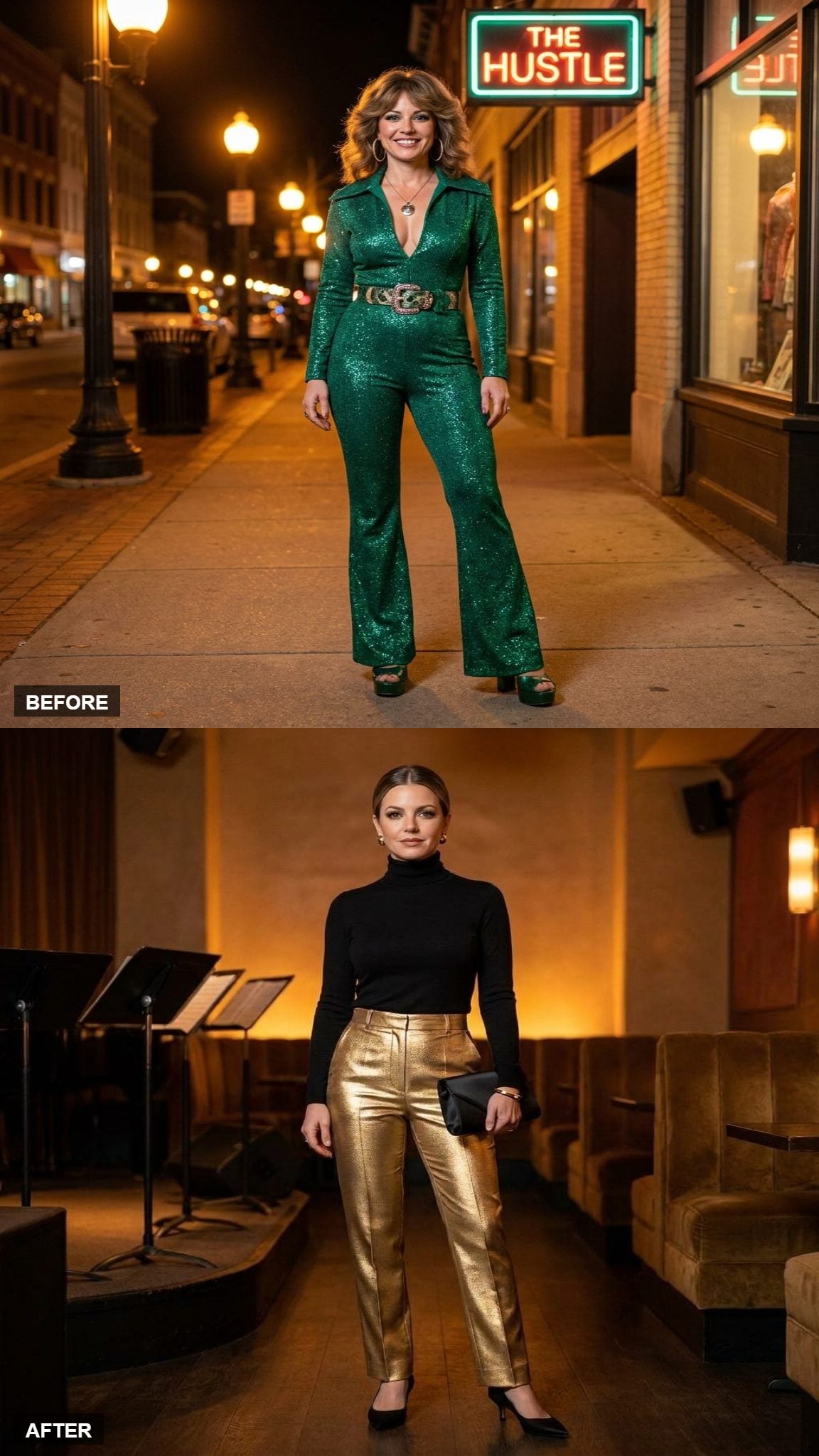 Black Fitted Turtleneck with High-Waisted Gold Lamé Trousers
