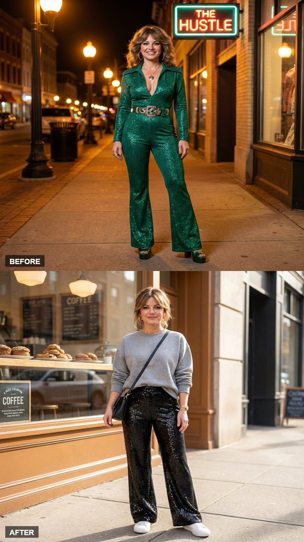 Black Sequin Wide-Leg Trousers with a Slouchy Gray Sweatshirt