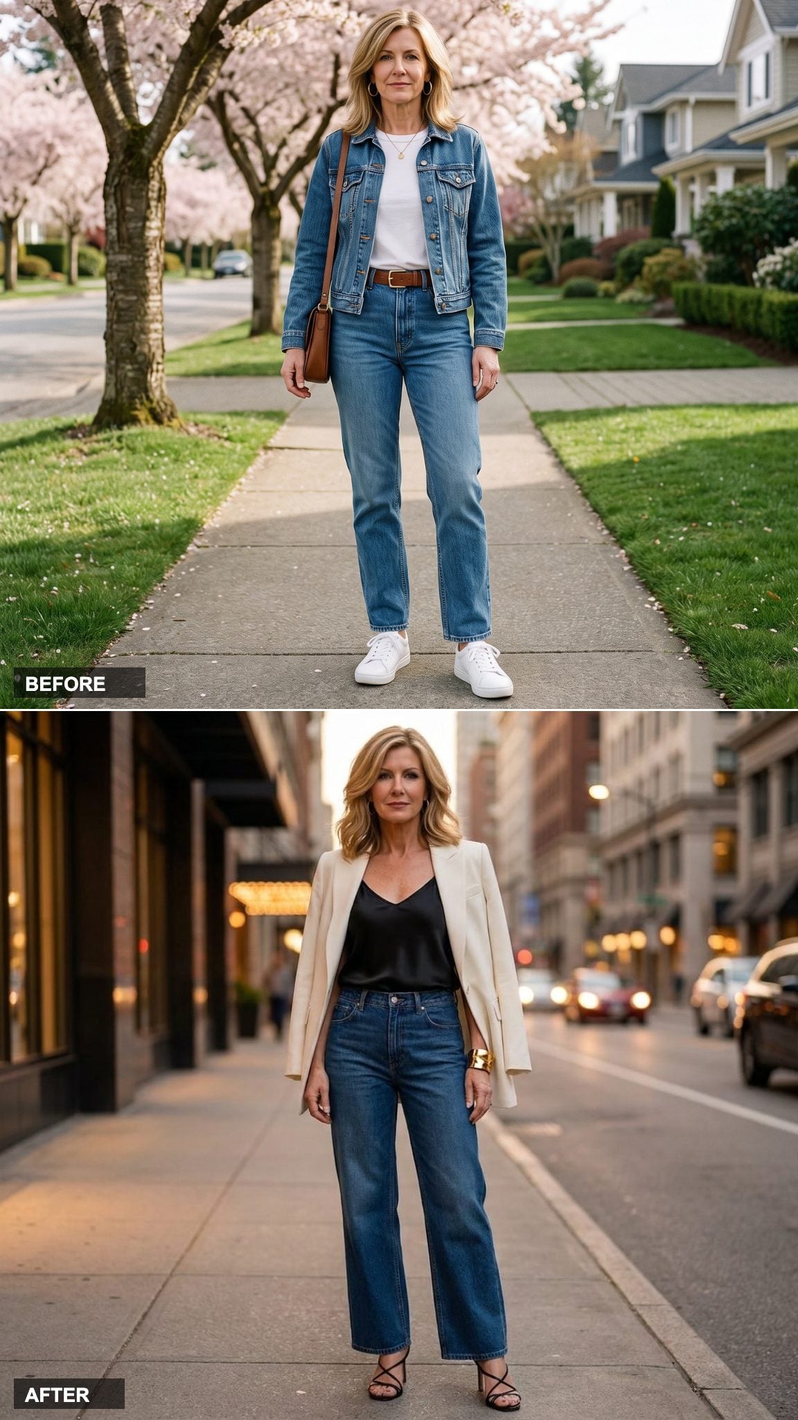 Black Silk Camisole, Ivory Longline Blazer, Strappy Heels, and a Gold Cuff: Wide-Leg Denim Goes Evening