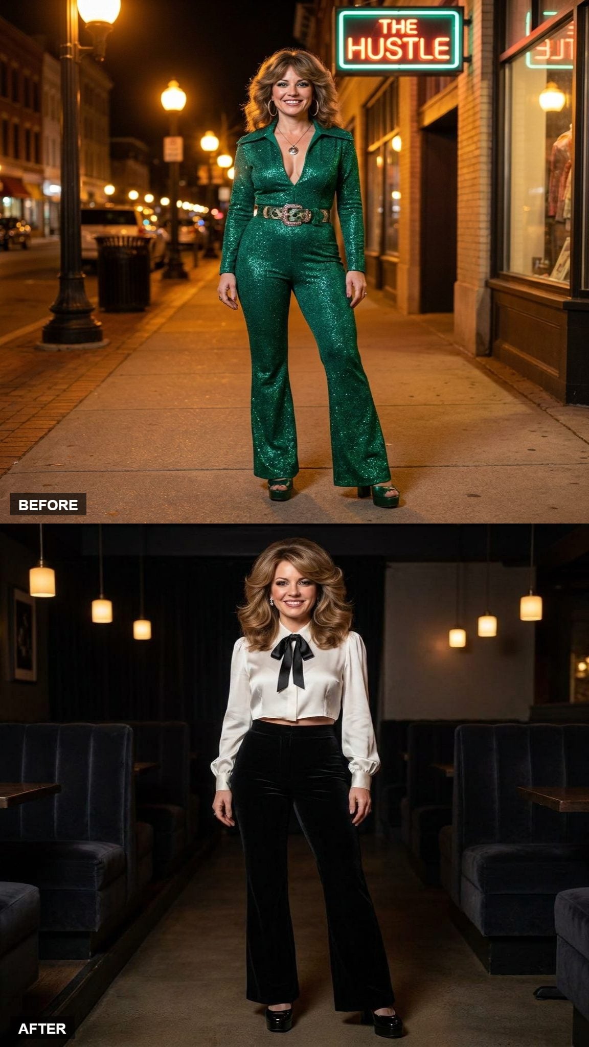 Black Velvet Flared Trousers with a Cropped White Silk Blouse