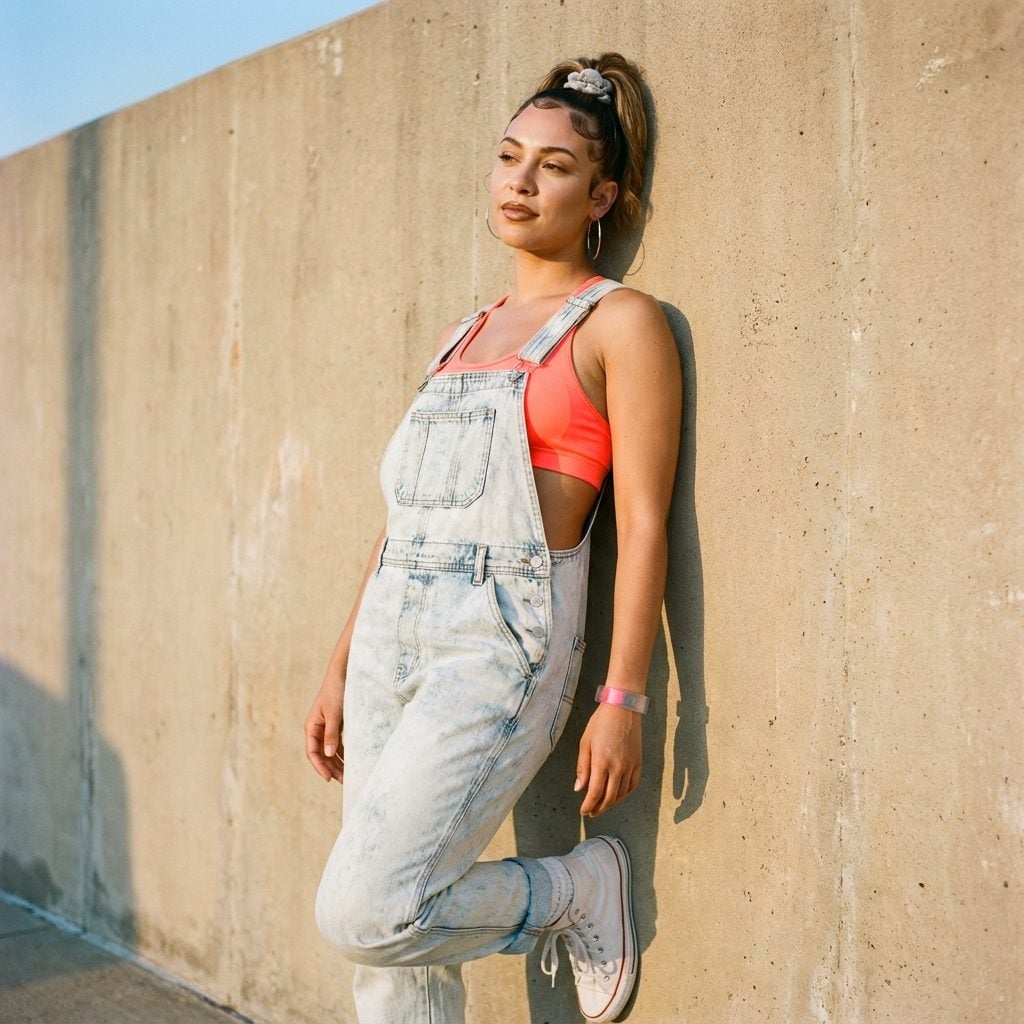 Bleached Overalls With a Neon Sports Bra
