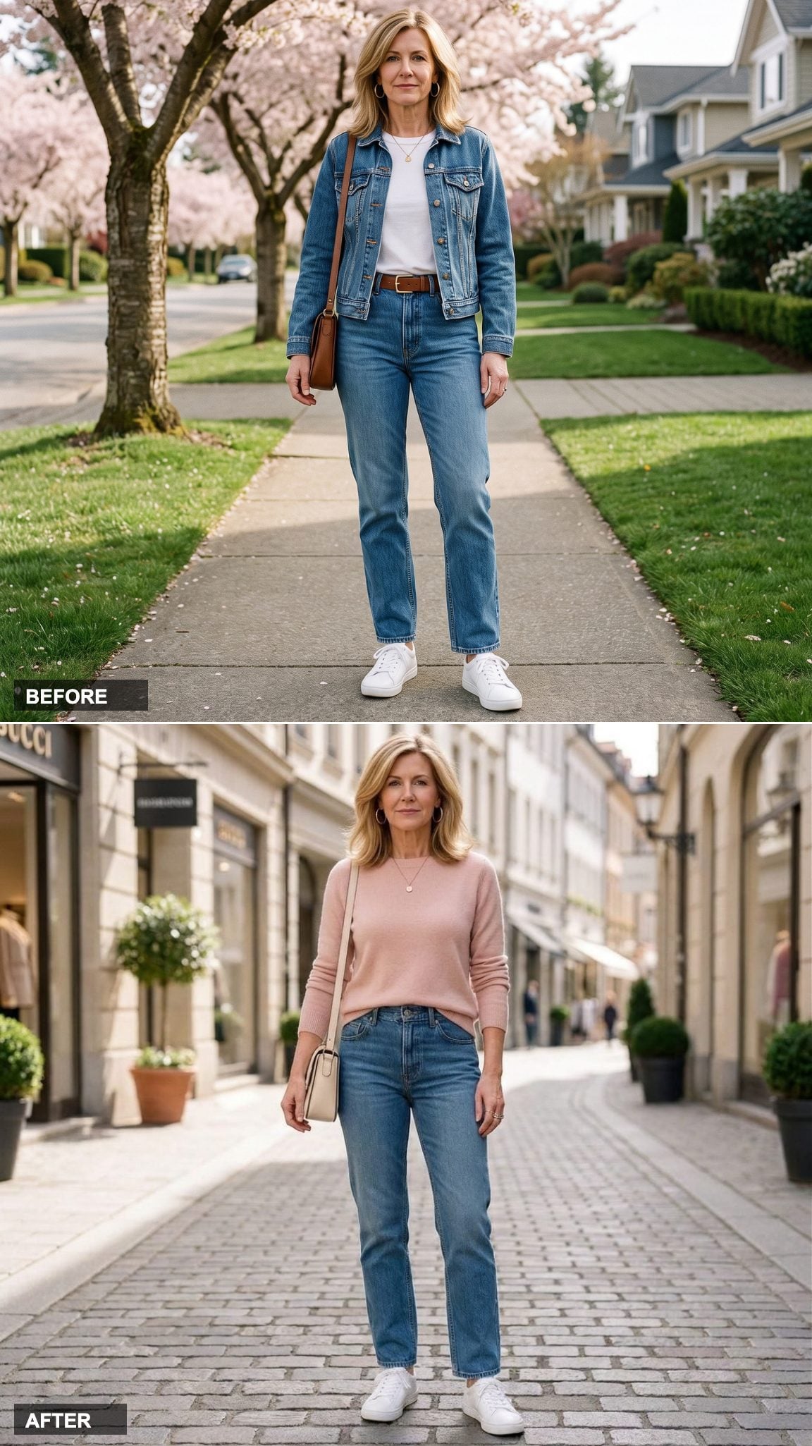 Blush Cashmere, White Leather Sneakers, and Rose Gold That Refreshes Without Trying Too Hard