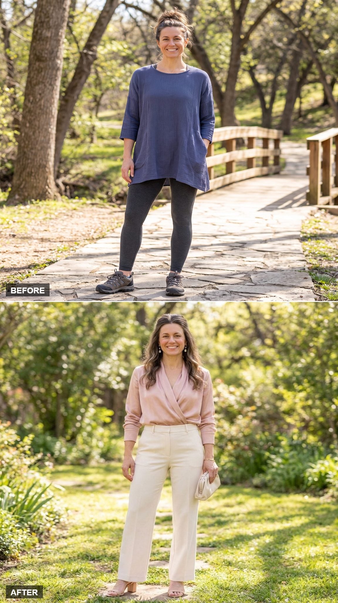 Blush Pink Satin Wrap Blouse, Tailored Cream Wide-Leg Pants, Nude Strappy Heels, and Pearl Earrings for a Garden Lunch