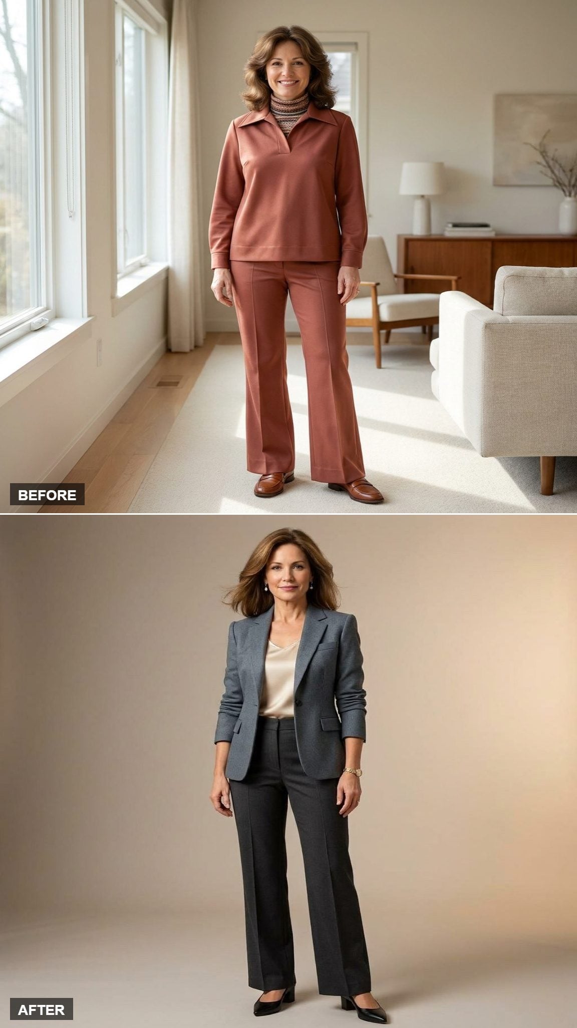 Boardroom Authority in a Slate Wool Blazer, Silk Shell, and Wide-Leg Trousers