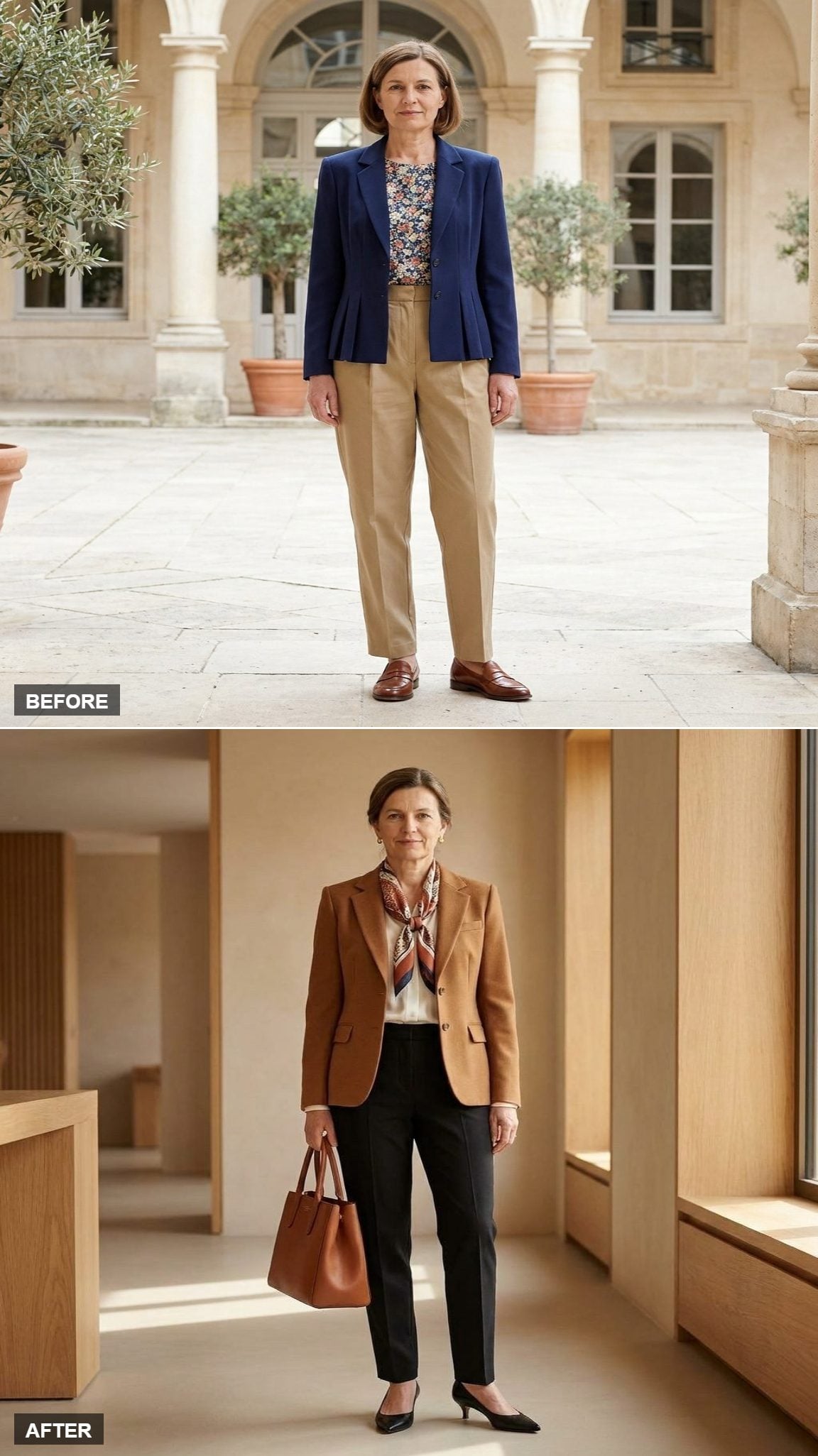 Boardroom Comeback in a Caramel Blazer, Black Cigarette Trousers, and a Silk Scarf
