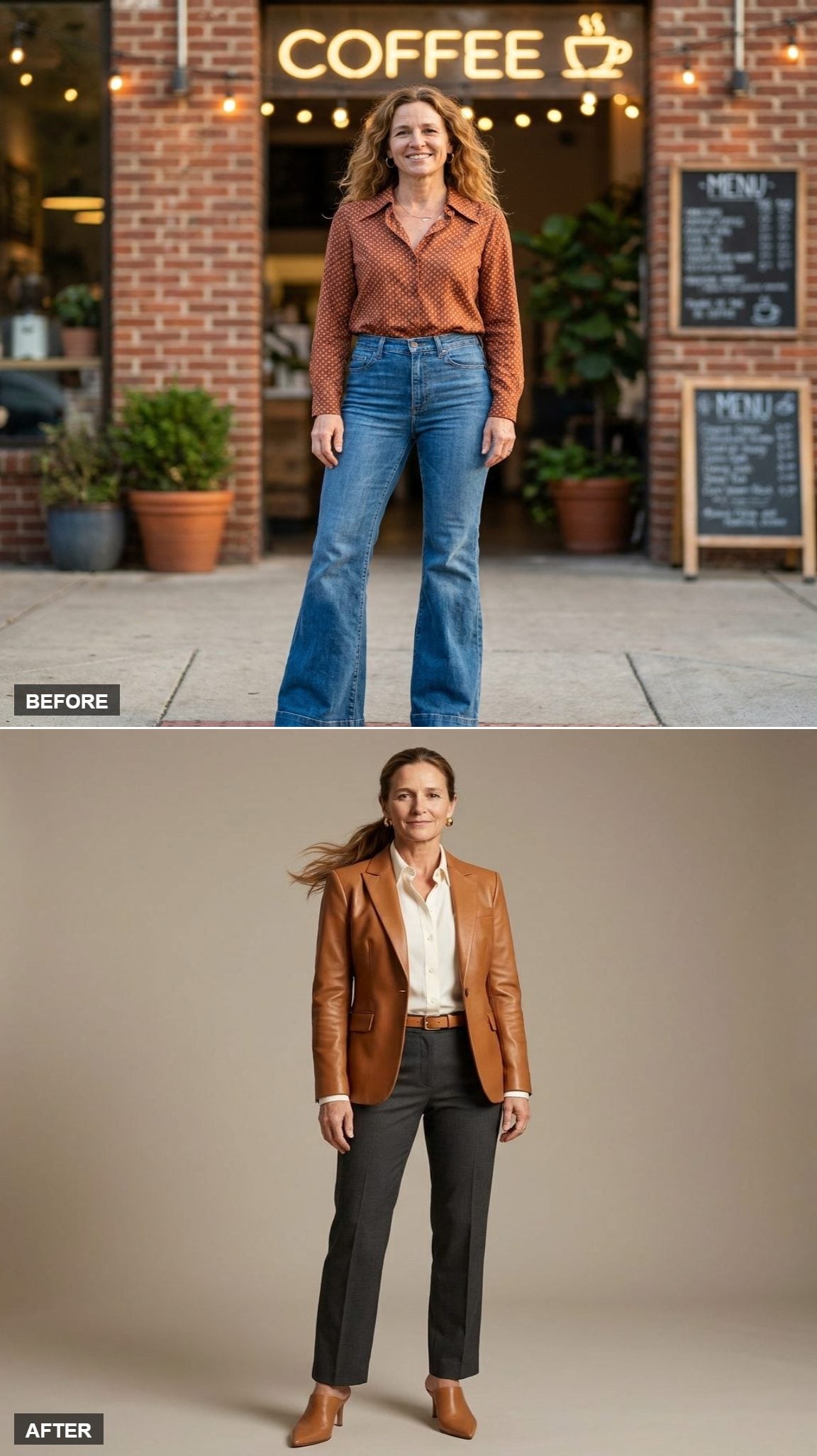 Boardroom Credibility in a Caramel Leather Blazer and Tailored Trousers