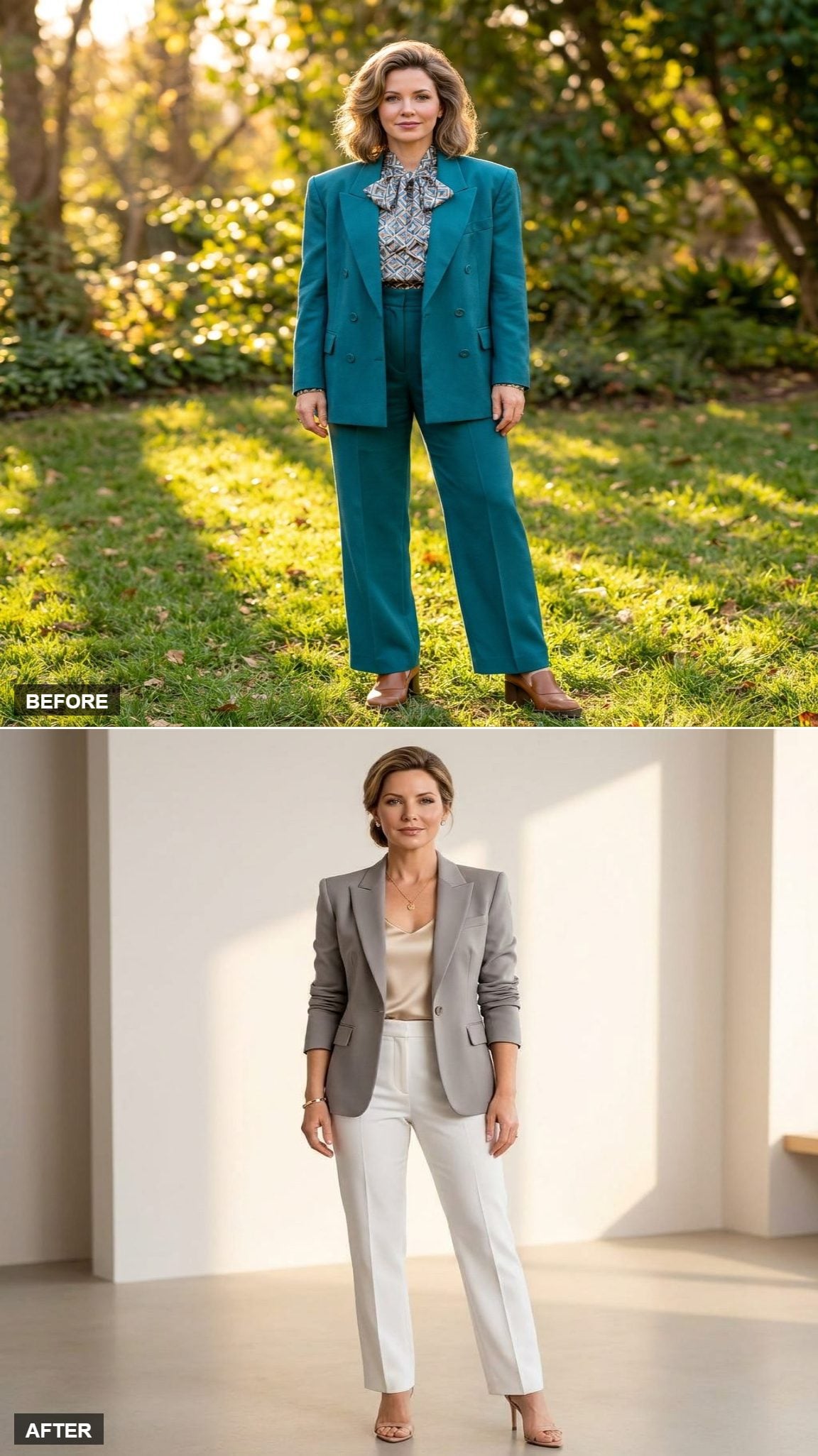 Boardroom Reclaimed in a Fitted Dove-Grey Blazer, Silk Tank, Straight White Trousers, and Barely-There Heels