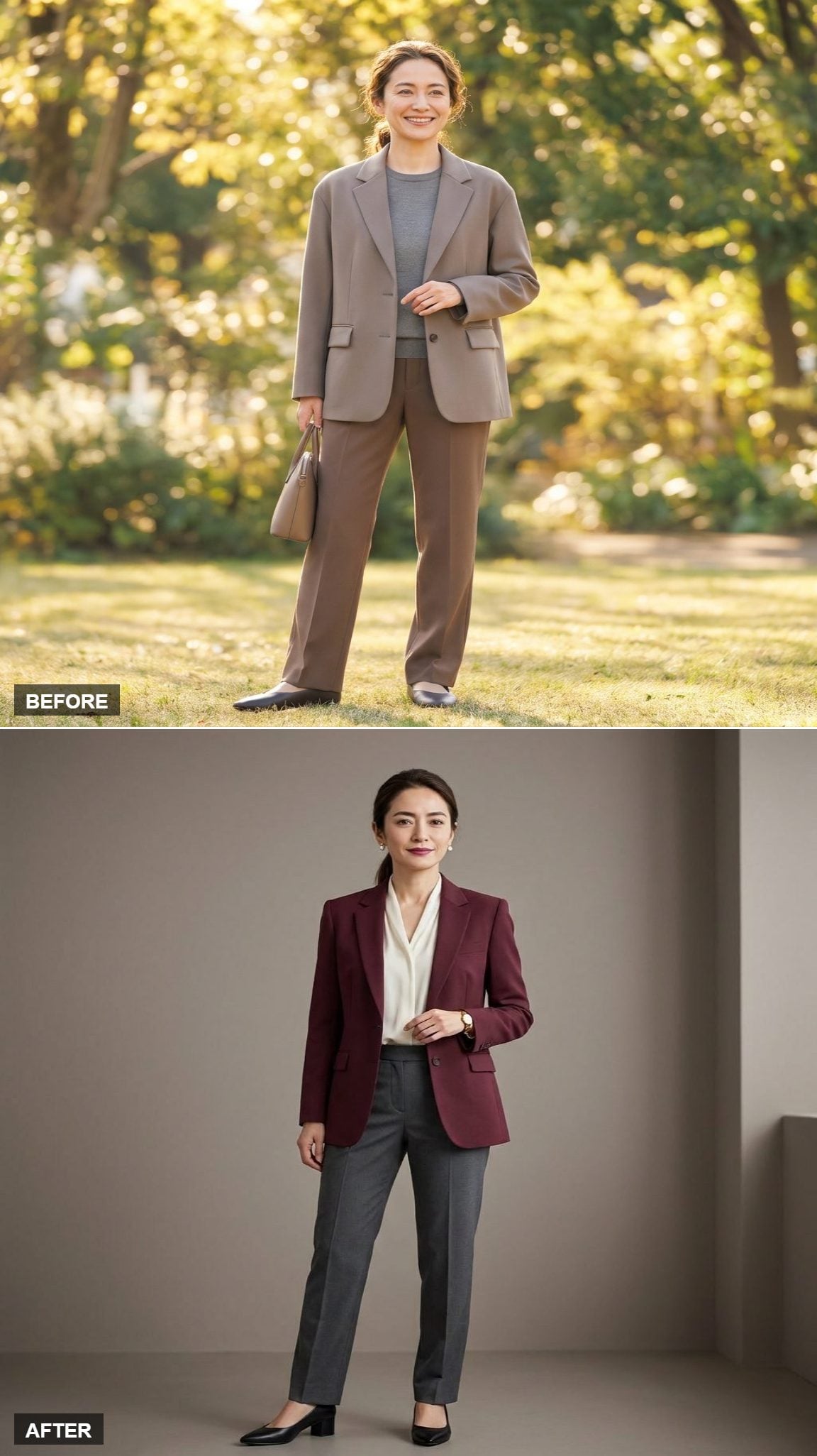 Boardroom Sharp in a Burgundy Blazer, Ivory Silk Blouse, and Tailored Charcoal Trousers