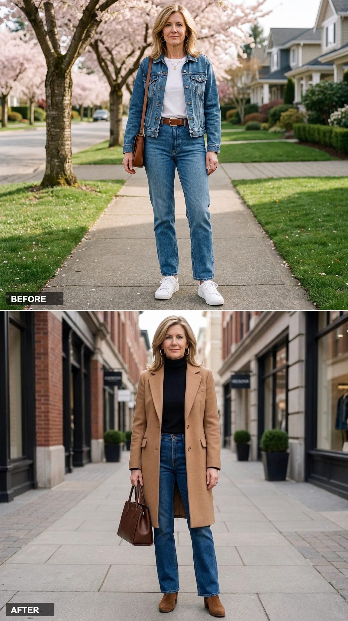 Bootcut Dark Denim, a Black Turtleneck, and a Camel Wool Coat Built for City Sidewalks