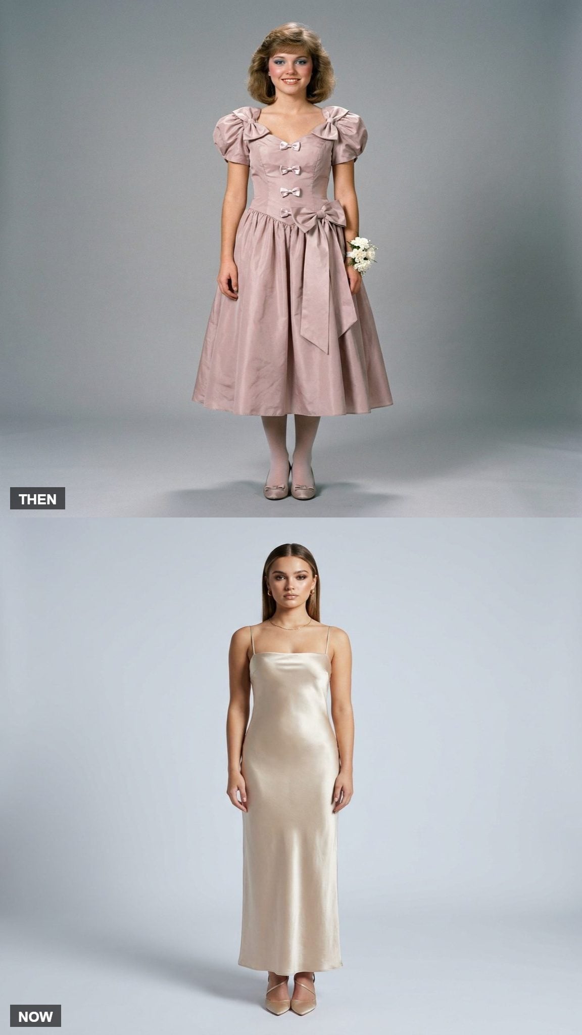 1980 prom dress covered with small bows compared with a cleaner modern design