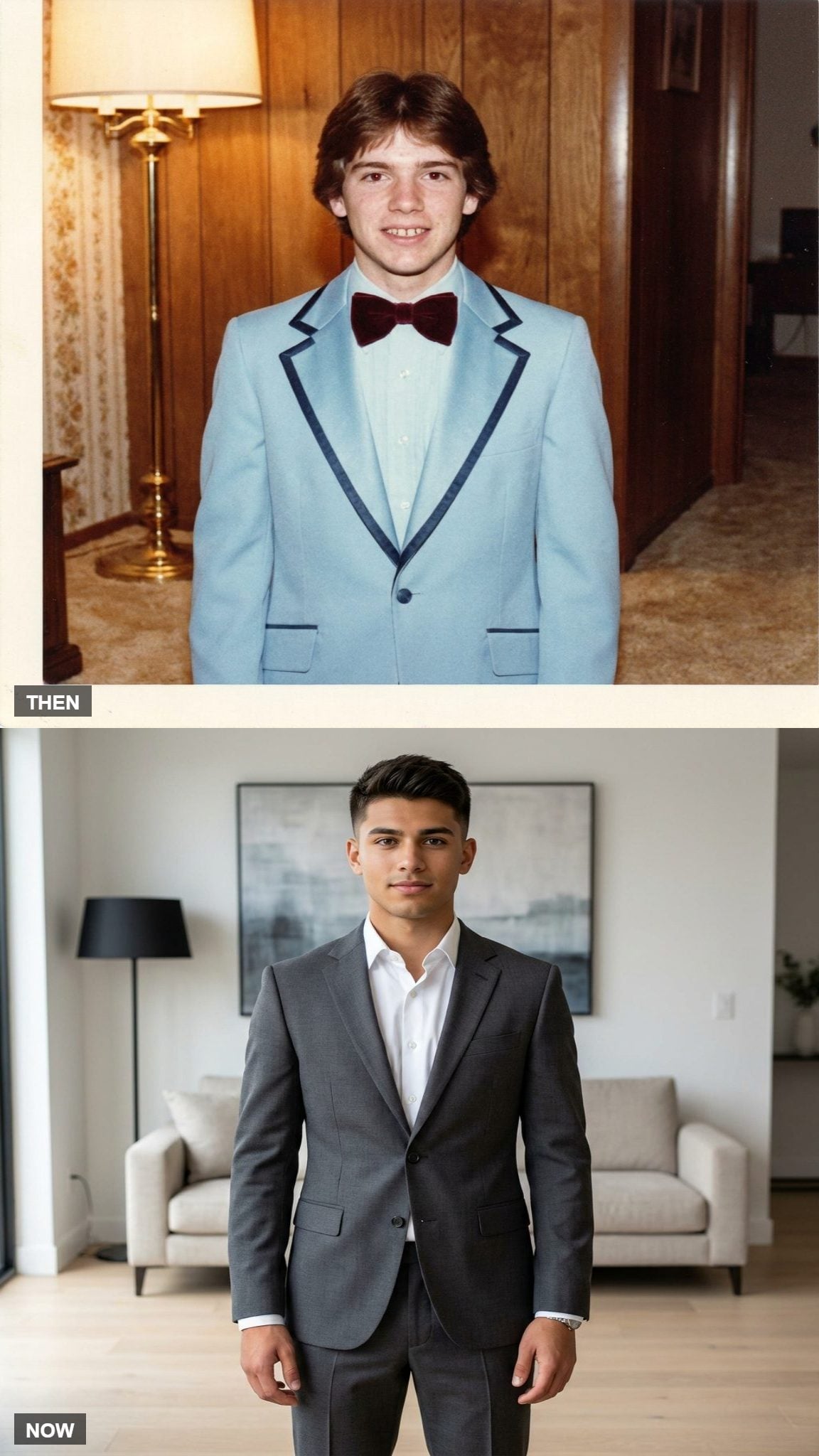Colorful 1980 prom tuxedo compared with a fitted modern suit