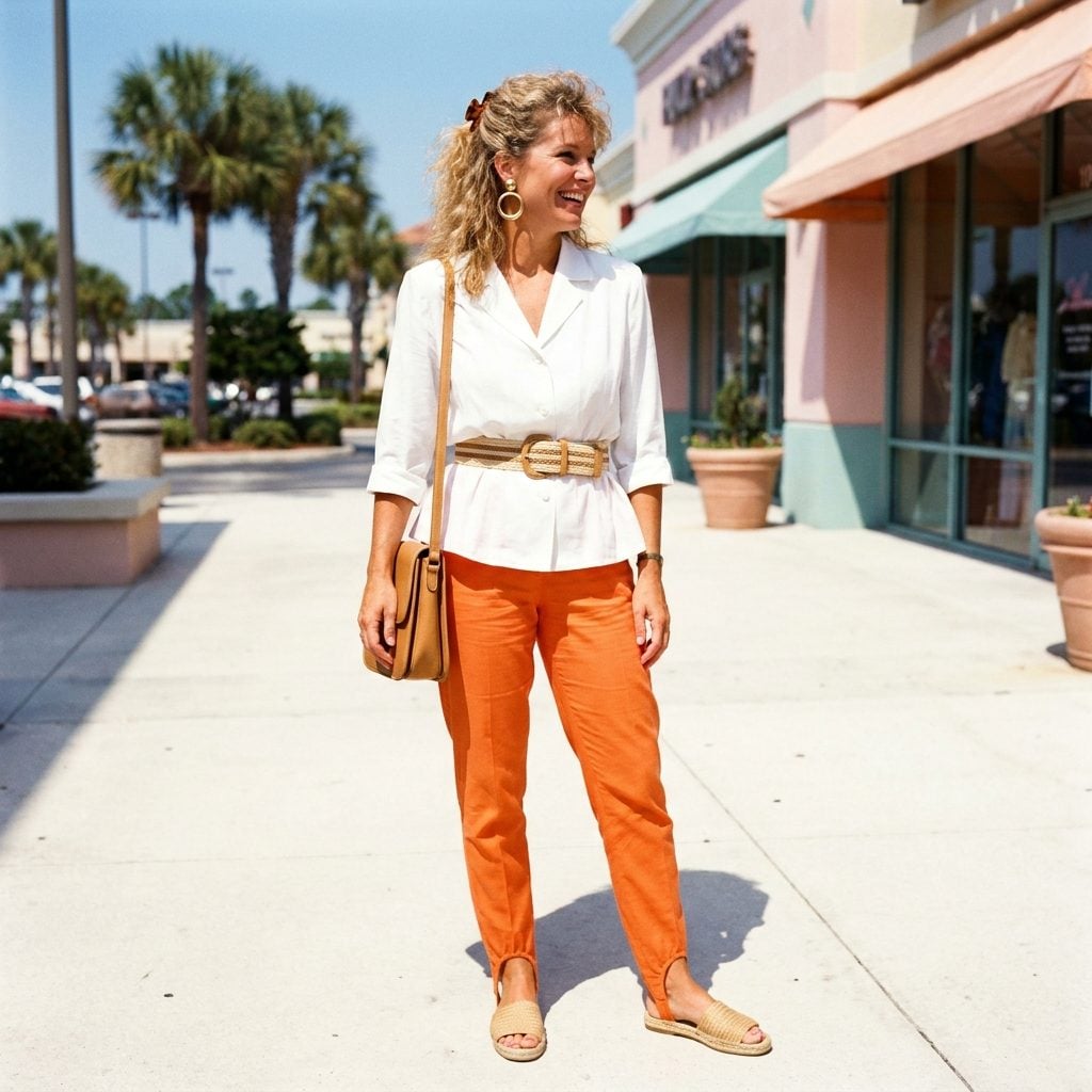 The Bright Orange Stirrup Pant With a White Peplum Blouse and the Woven Belt That Held the Whole Look Together