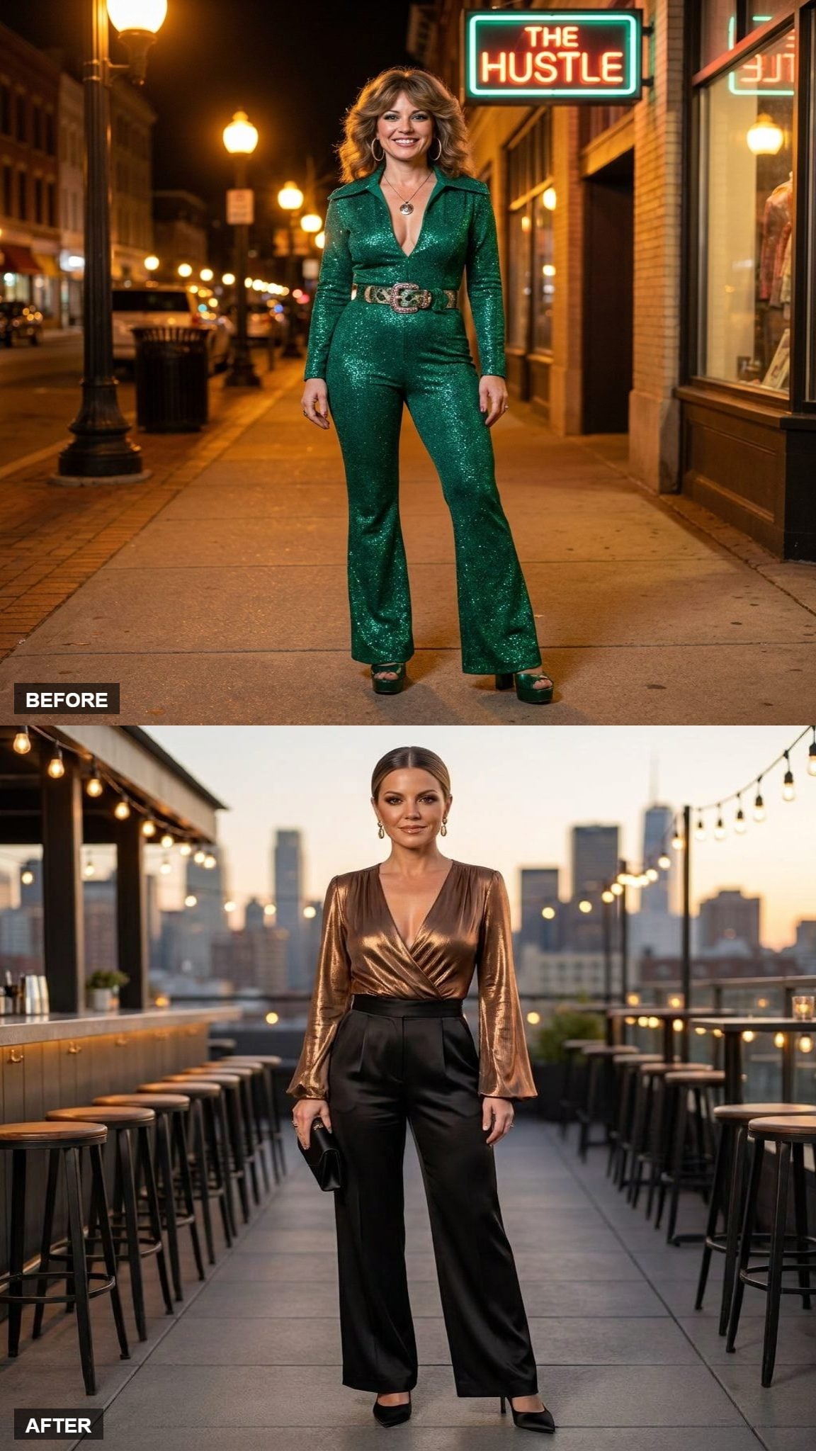 Bronze Metallic Wrap Blouse with Wide-Leg Black Silk Trousers