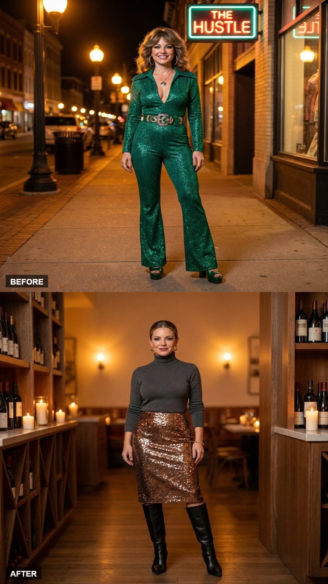 Bronze Sequin Pencil Skirt with a Charcoal Gray Cashmere Turtleneck