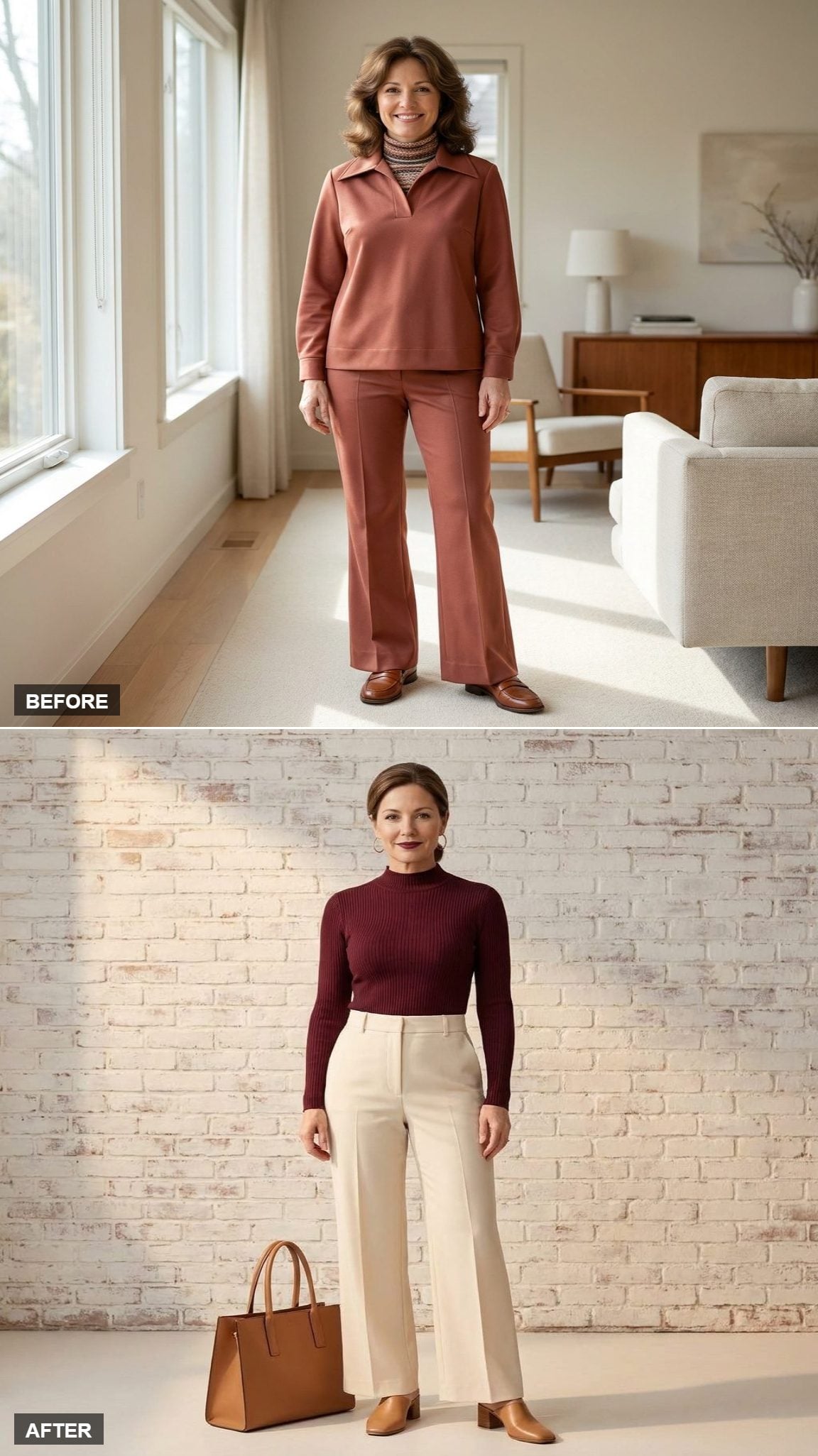 Brooklyn Art Studio in a Burgundy Ribbed Mock-Neck, Wide-Leg Cream Trousers, and Tan Block-Heel Mules