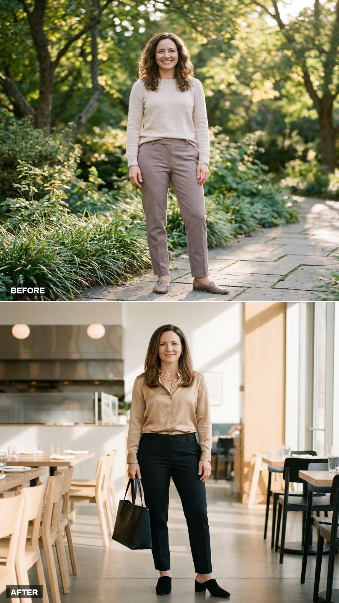 Brushed Gold Button-Down Shirt, Tailored Black Trousers, and Block-Heel Mules for a Work Lunch